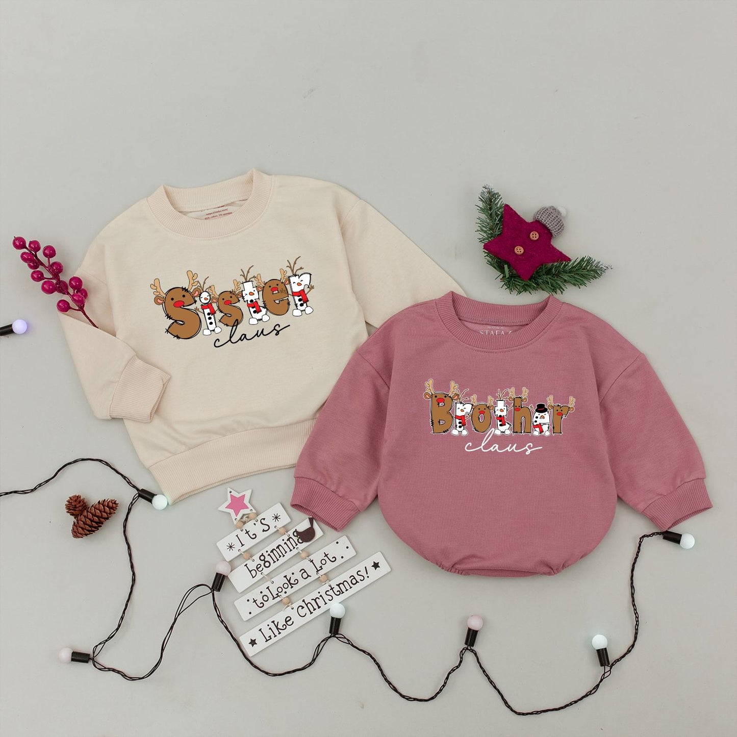 Claus Family Matching Christmas Sweaters: Boho Holiday Outfits for Daddy, Mommy, & Baby with Reindeer Antler Accents - Whimsical Xmas Gifts