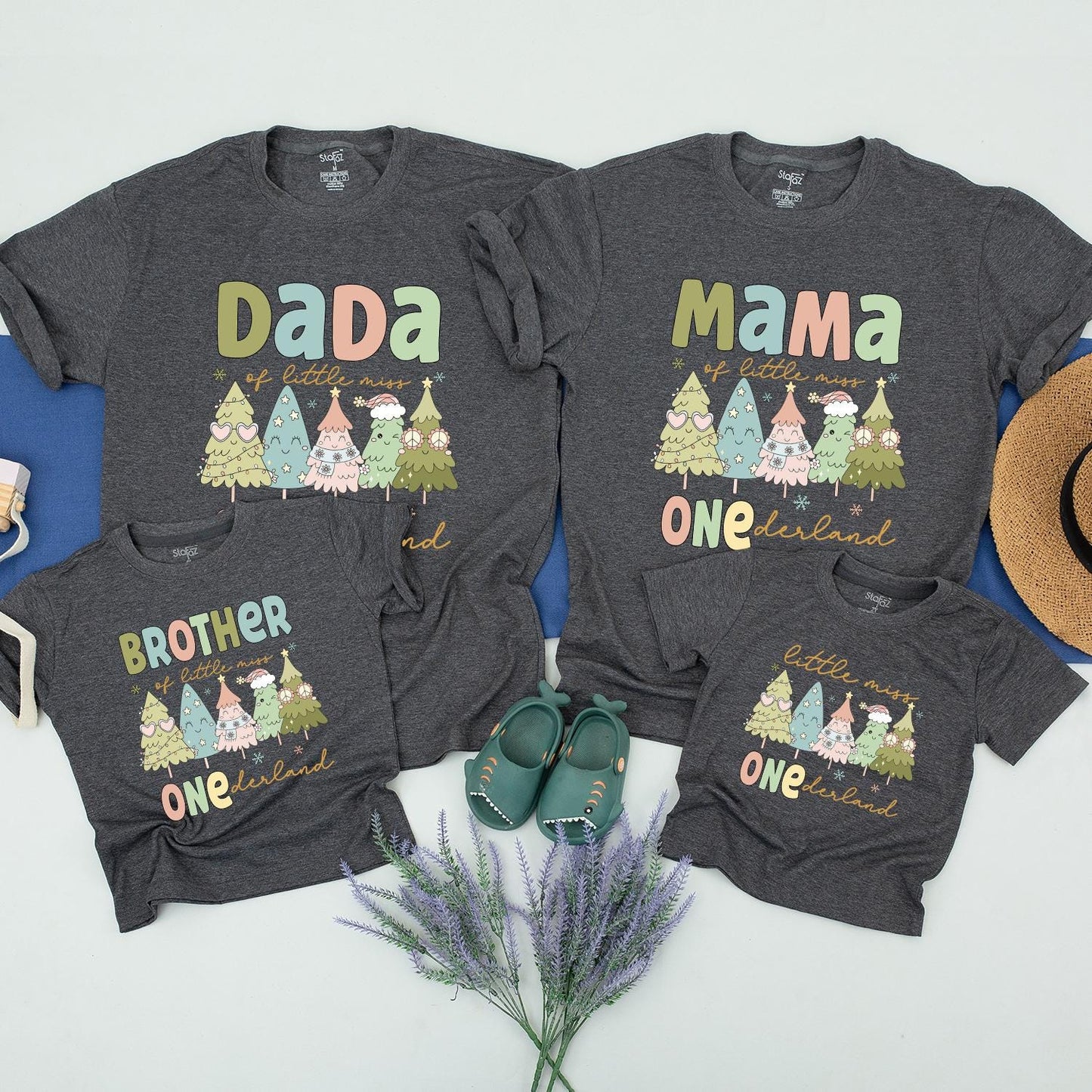 Dada ONEderland Matching Family 1st Birthday Shirts Retro Christmas Trees Outfit Little Miss Tee Winter Xmas Party Pastel Colors Brother Mama Gift (139 chars)