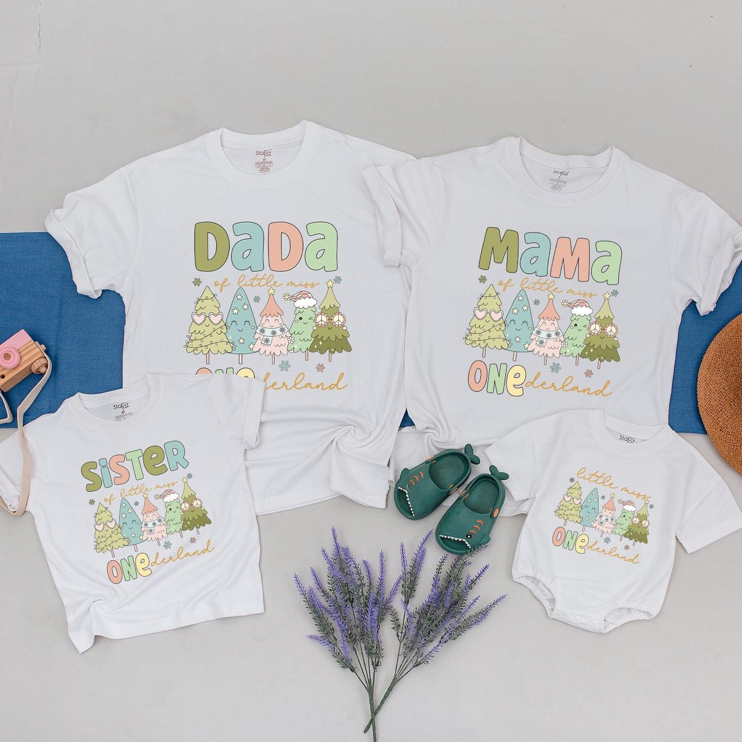 Dada ONEderland Matching Family 1st Birthday Shirts Retro Christmas Trees Outfit Little Miss Tee Winter Xmas Party Pastel Colors Brother Mama Gift (139 chars)