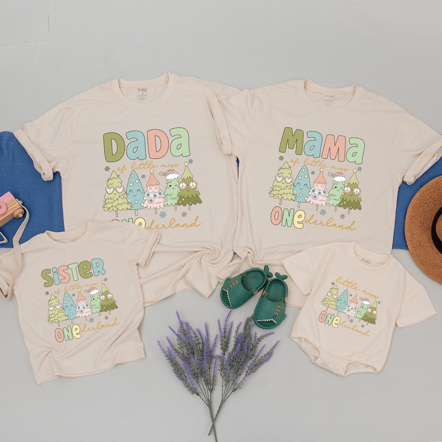 Dada ONEderland Matching Family 1st Birthday Shirts Retro Christmas Trees Outfit Little Miss Tee Winter Xmas Party Pastel Colors Brother Mama Gift (139 chars)