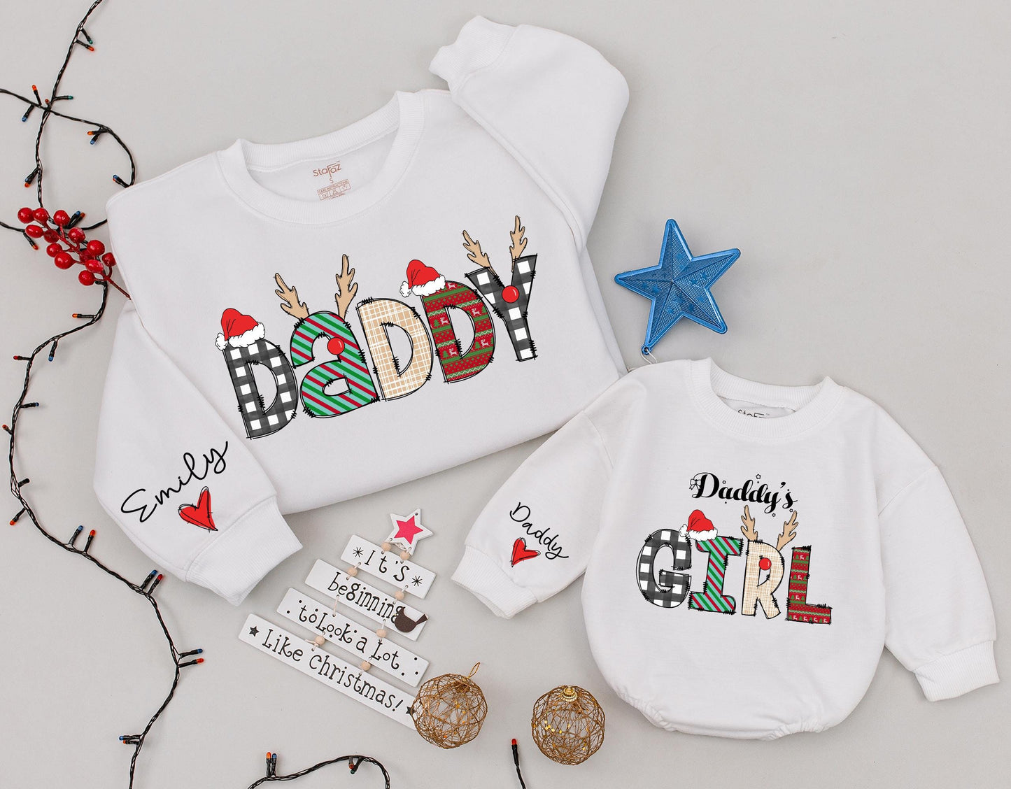 Custom Daddy and Daddy's Girl Matching Christmas Sweatshirts with playful buffalo check and fair isle reindeer design for baby daughter