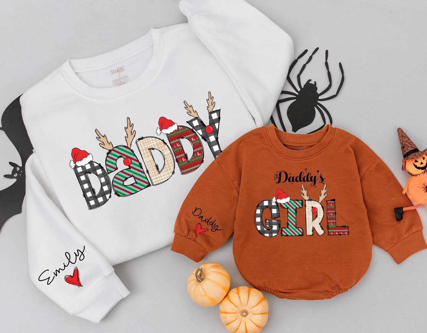 Custom Daddy and Daddy's Girl Matching Christmas Sweatshirts with playful buffalo check and fair isle reindeer design for baby daughter
