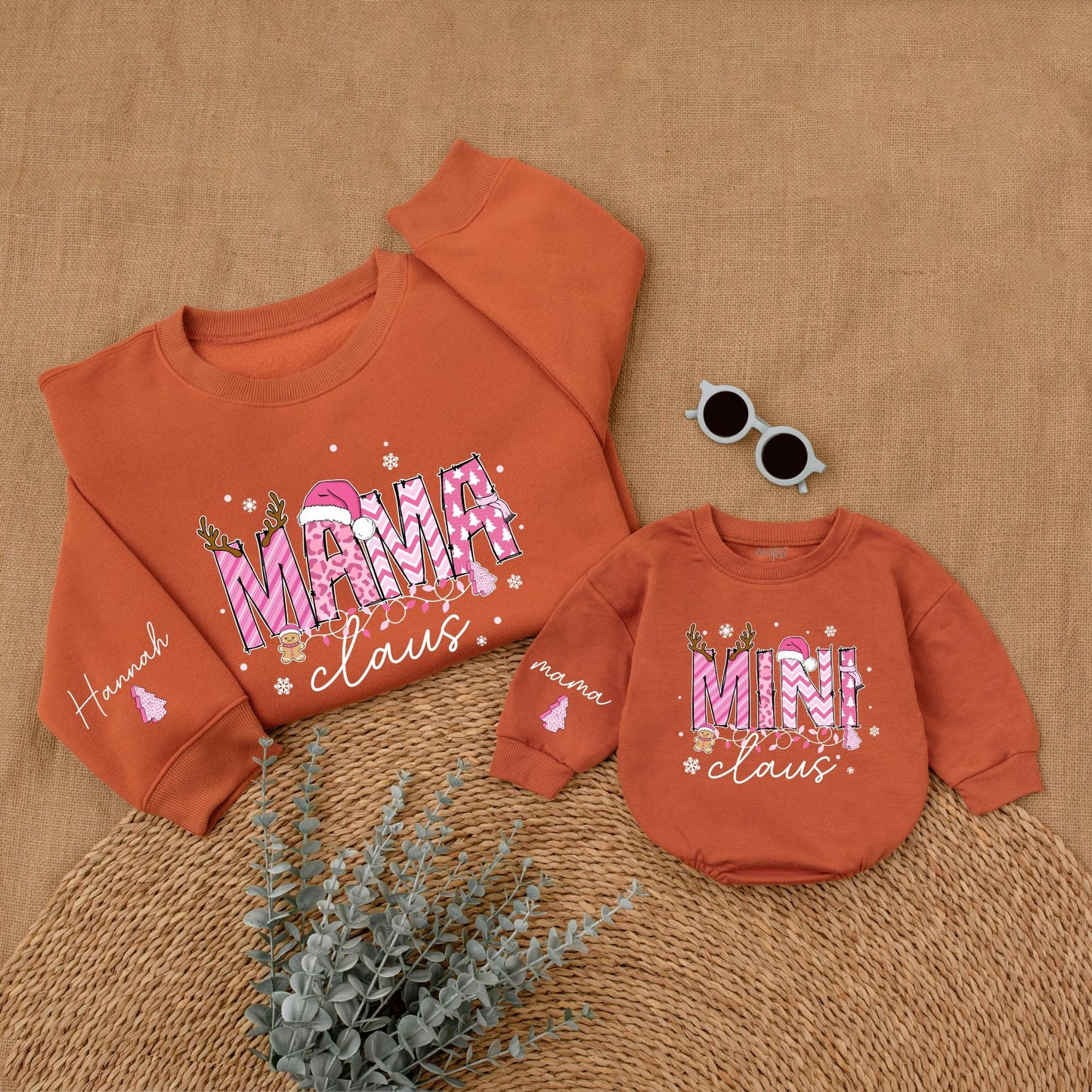 Personalized Pink Mama Claus Mini Claus Christmas Mommy and Me Matching Sweatshirt Baby Bubble Romper Set with Whimsical Holiday Design and Custom Name Sleeves
