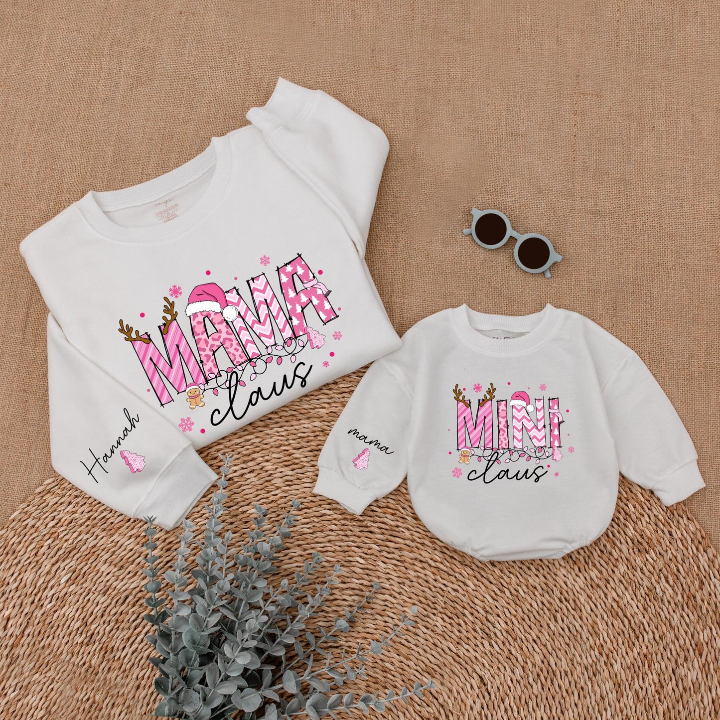 Personalized Pink Mama Claus Mini Claus Christmas Mommy and Me Matching Sweatshirt Baby Bubble Romper Set with Whimsical Holiday Design and Custom Name Sleeves