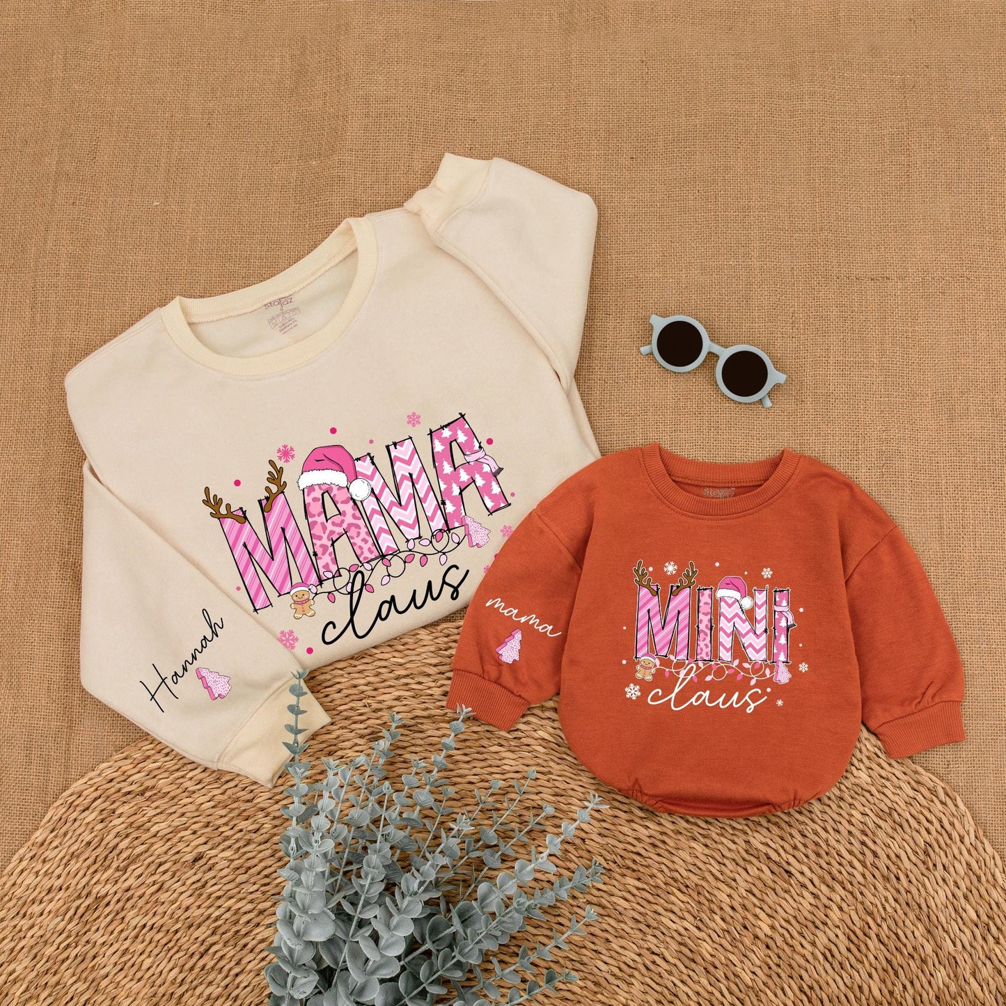 Personalized Pink Mama Claus Mini Claus Christmas Mommy and Me Matching Sweatshirt Baby Bubble Romper Set with Whimsical Holiday Design and Custom Name Sleeves