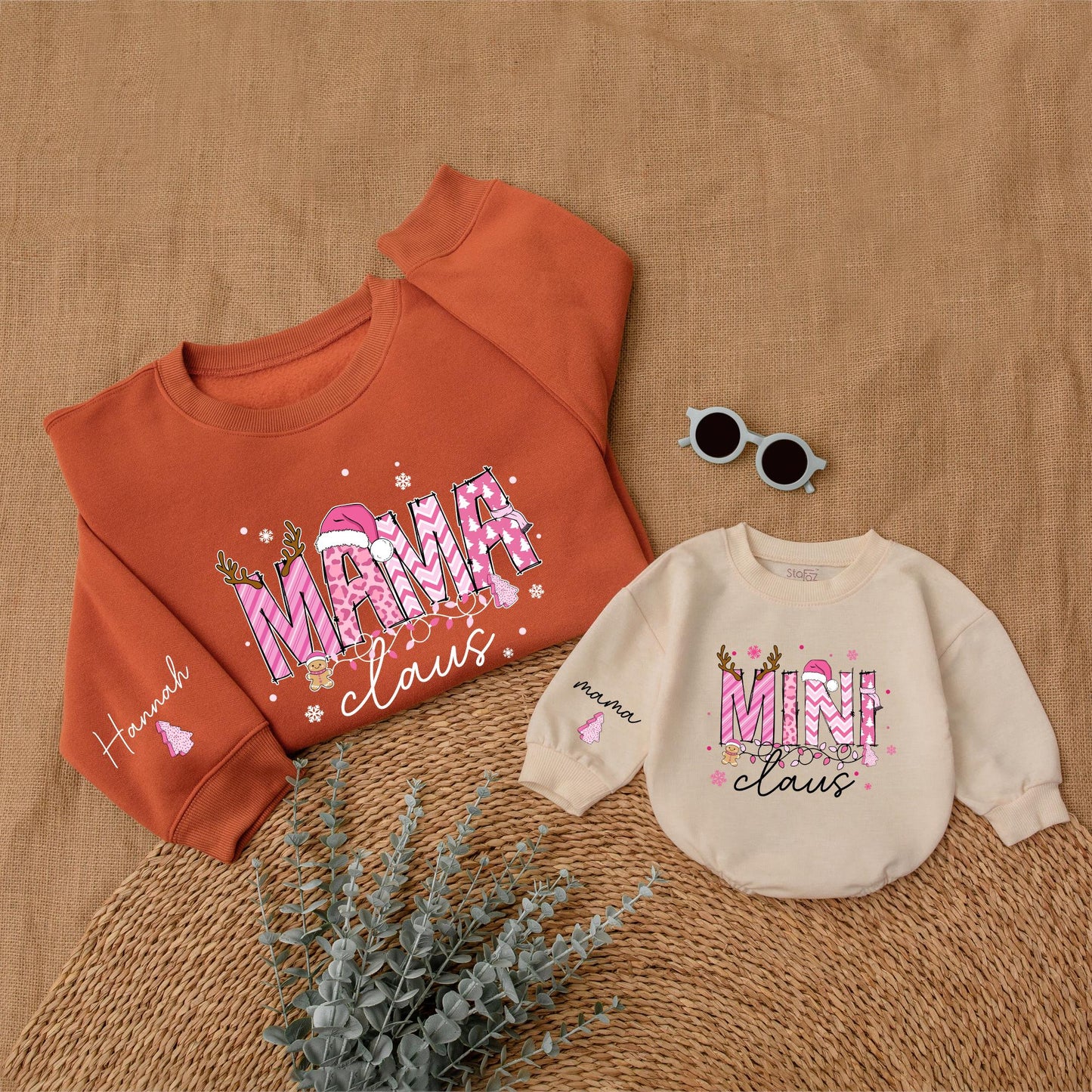 Personalized Pink Mama Claus Mini Claus Christmas Mommy and Me Matching Sweatshirt Baby Bubble Romper Set with Whimsical Holiday Design and Custom Name Sleeves