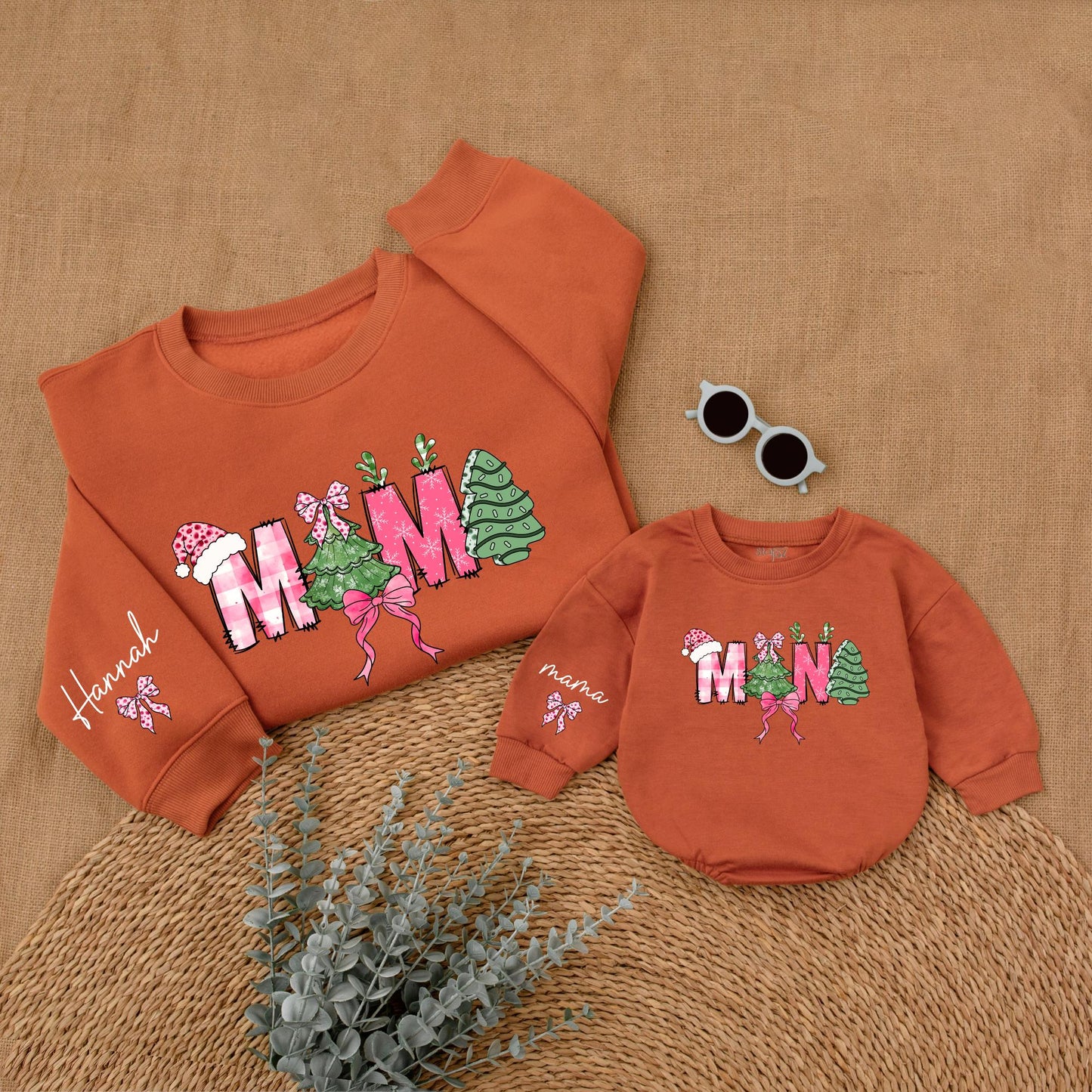 Personalized Mommy and Me Christmas Sweatshirt, Festive Mama Mini Letters, Pink Bows, Santa Hat, Tree and Snowflake Plaid, Cozy Baby Girl Holiday Gift