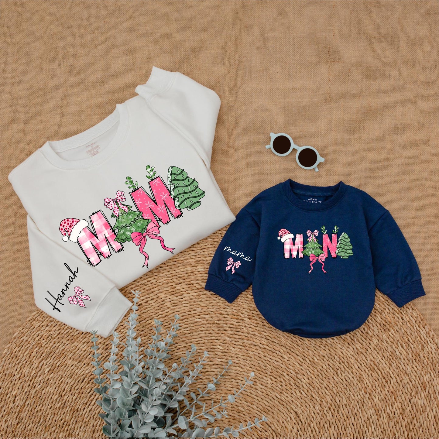 Personalized Mommy and Me Christmas Sweatshirt, Festive Mama Mini Letters, Pink Bows, Santa Hat, Tree and Snowflake Plaid, Cozy Baby Girl Holiday Gift