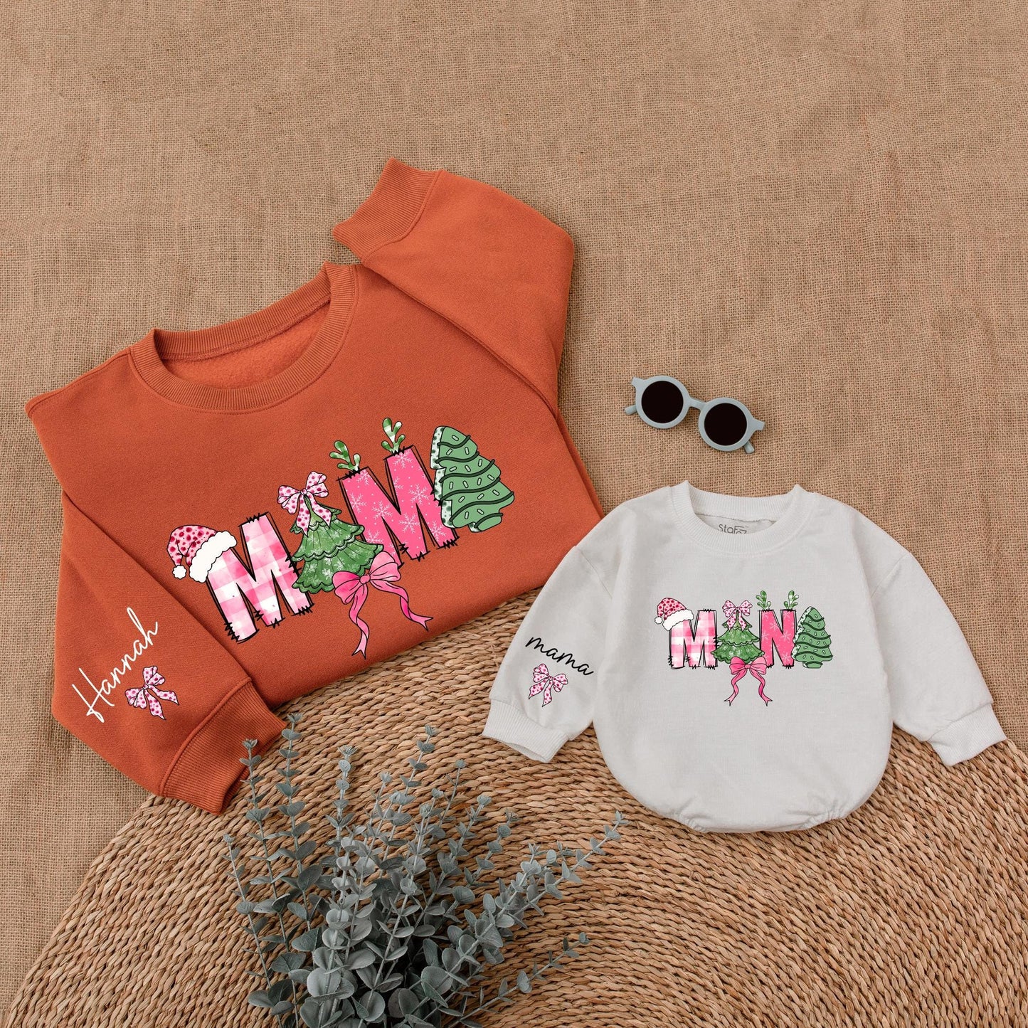 Personalized Mommy and Me Christmas Sweatshirt, Festive Mama Mini Letters, Pink Bows, Santa Hat, Tree and Snowflake Plaid, Cozy Baby Girl Holiday Gift
