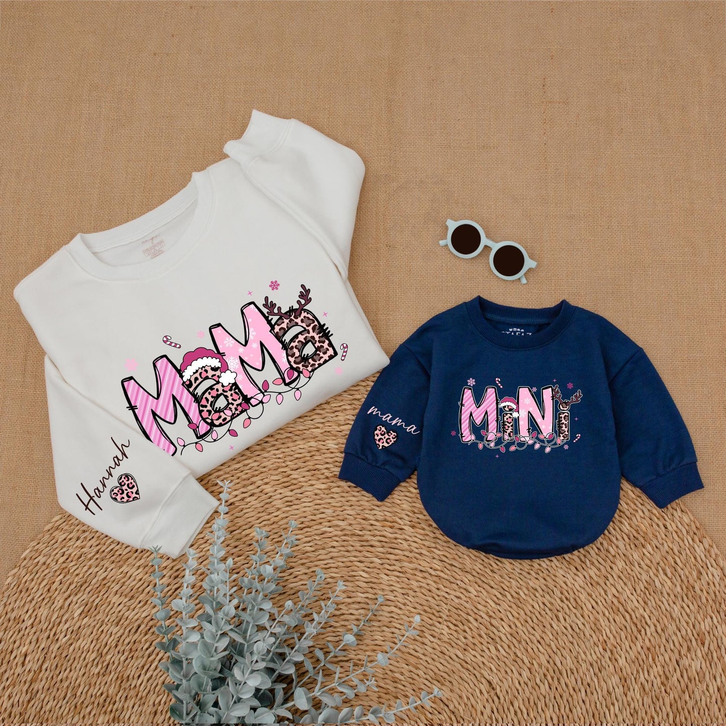 Personalized Pink Leopard Christmas Mama Mini Matching Sweatshirt Baby Girl Bubble Romper Holiday Outfit with Whimsical Antlers Santa Hats Snowflakes