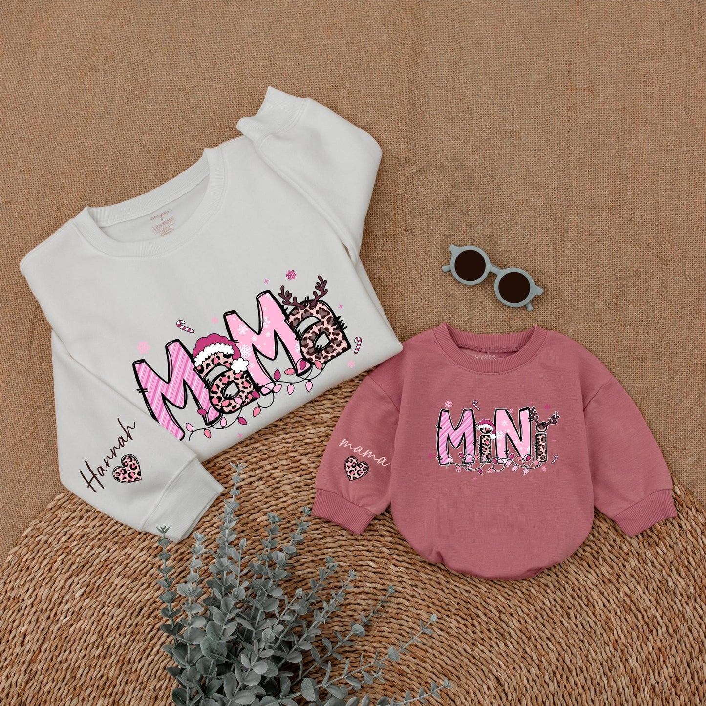 Personalized Pink Leopard Christmas Mama Mini Matching Sweatshirt Baby Girl Bubble Romper Holiday Outfit with Whimsical Antlers Santa Hats Snowflakes