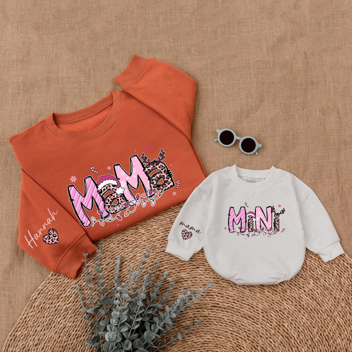 Personalized Pink Leopard Christmas Mama Mini Matching Sweatshirt Baby Girl Bubble Romper Holiday Outfit with Whimsical Antlers Santa Hats Snowflakes