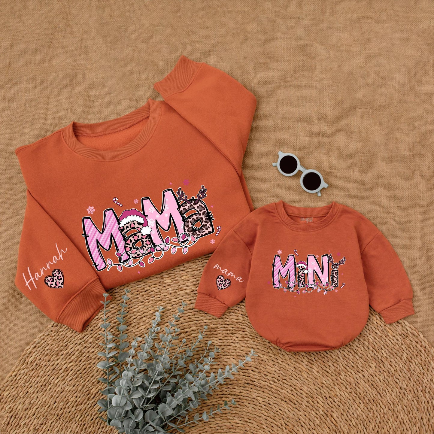 Personalized Pink Leopard Christmas Mama Mini Matching Sweatshirt Baby Girl Bubble Romper Holiday Outfit with Whimsical Antlers Santa Hats Snowflakes