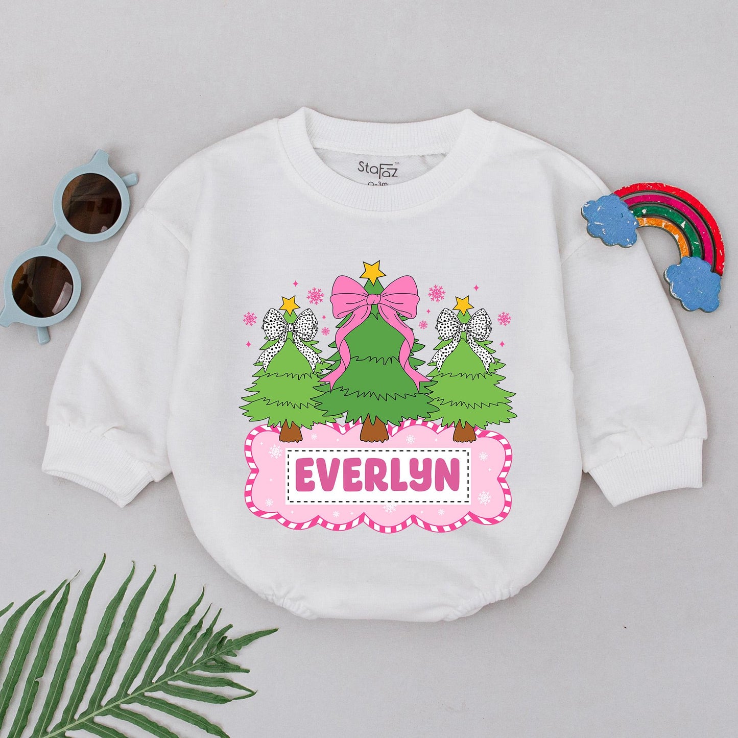 Personalized Name Christmas Tree Romper Pink Bows & Golden Star Baby Girl First Holiday Outfit Whimsical Festive Newborn Gift
