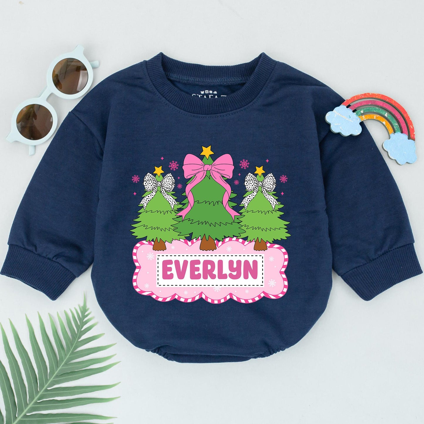 Personalized Name Christmas Tree Romper Pink Bows & Golden Star Baby Girl First Holiday Outfit Whimsical Festive Newborn Gift