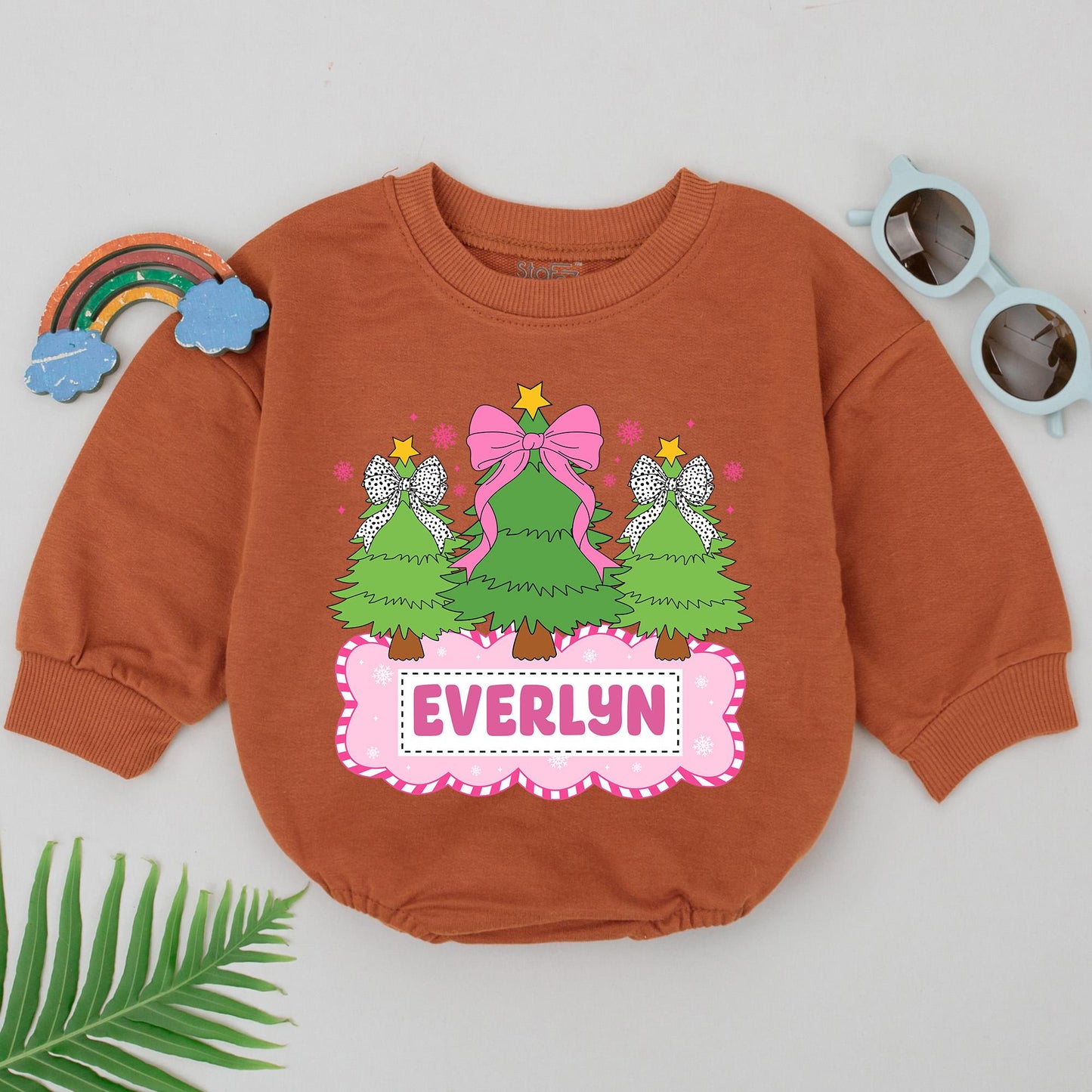 Personalized Name Christmas Tree Romper Pink Bows & Golden Star Baby Girl First Holiday Outfit Whimsical Festive Newborn Gift