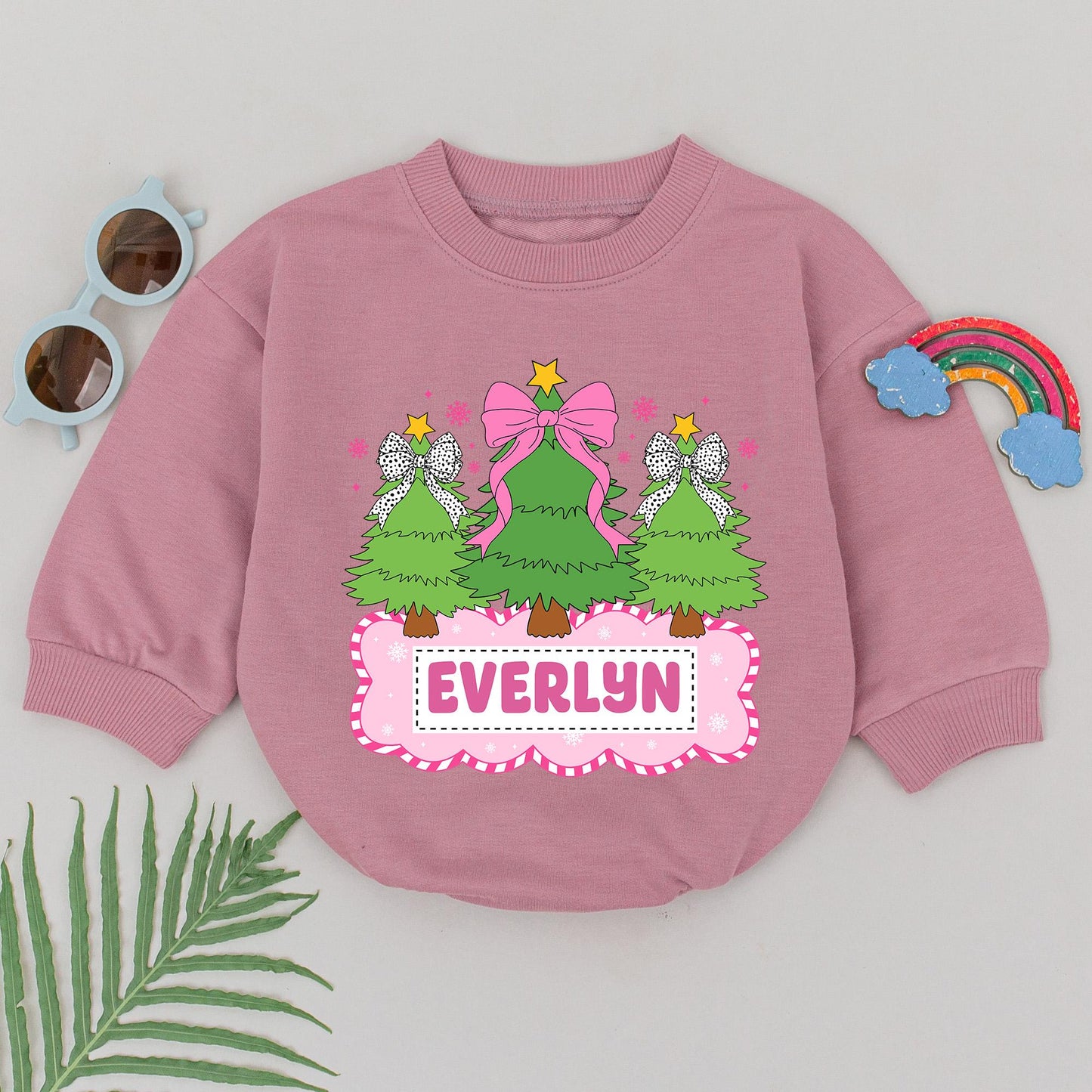 Personalized Name Christmas Tree Romper Pink Bows & Golden Star Baby Girl First Holiday Outfit Whimsical Festive Newborn Gift