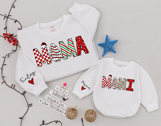 Personalized Finley Mama Mini Christmas Matching Sweatshirts Festive Red Green Santa Tree Striped Polka Dot Holiday Mom Baby Daughter Gift
