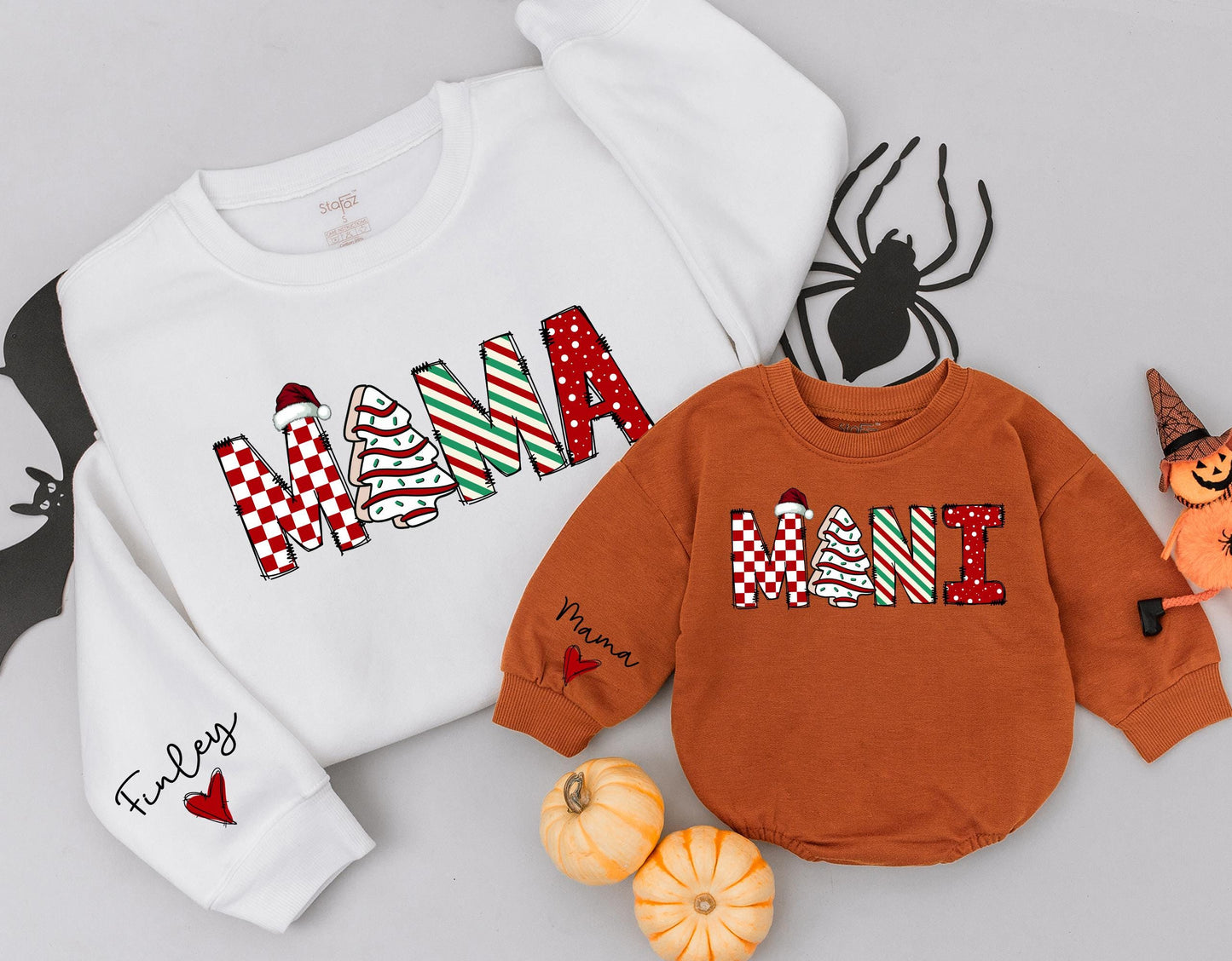 Personalized Finley Mama Mini Christmas Matching Sweatshirts Festive Red Green Santa Tree Striped Polka Dot Holiday Mom Baby Daughter Gift