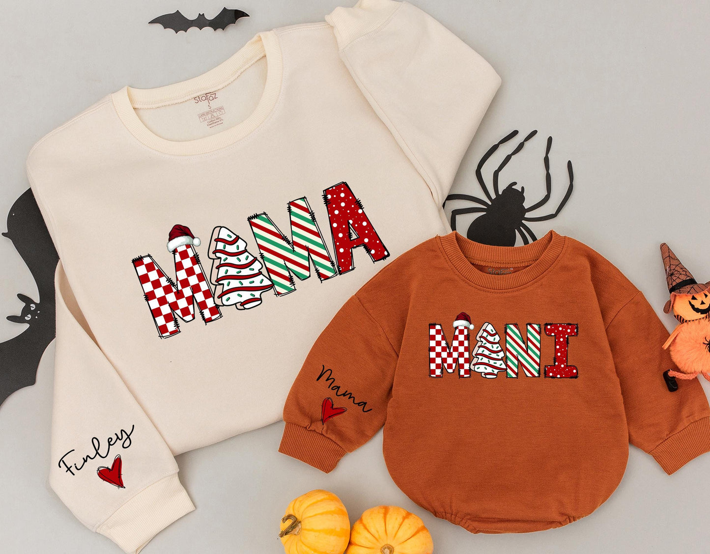 Personalized Finley Mama Mini Christmas Matching Sweatshirts Festive Red Green Santa Tree Striped Polka Dot Holiday Mom Baby Daughter Gift