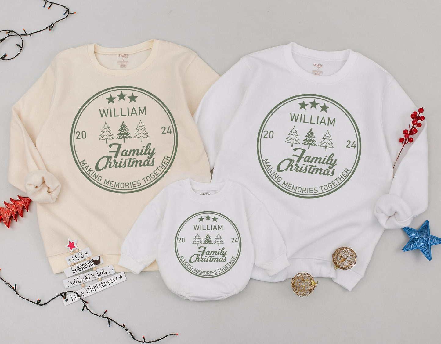 Personalized Family Christmas Sweatshirt with Family Name 2024 Holiday Crewneck Matching Classic Olive Green Emblem Tree Design Making Memories Together
