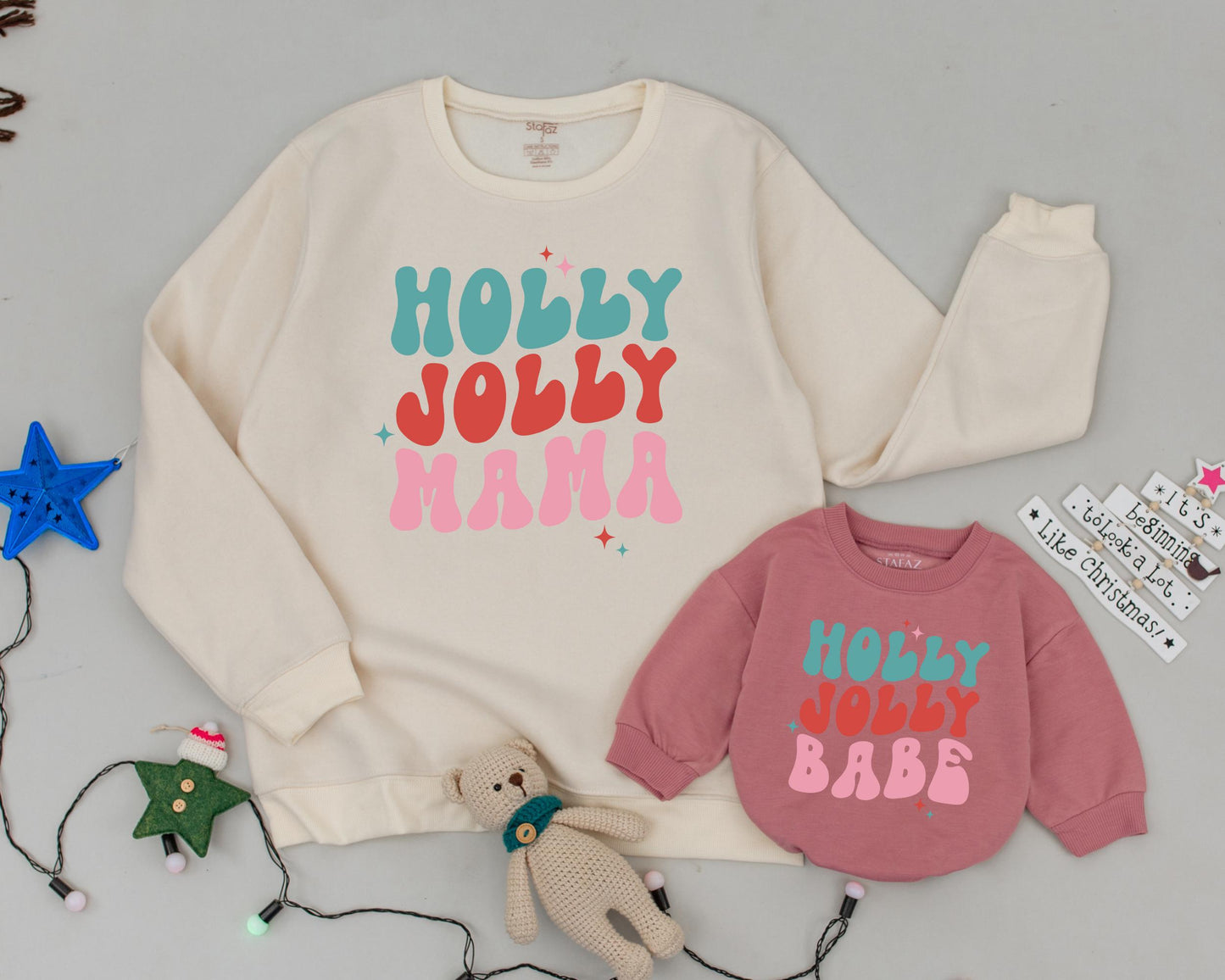 Personalized Retro Holly Jolly Mama Matching Christmas Family Shirts with Teal Red Pink Starbursts Vintage Mom Baby Sweatshirt Romper Outfits