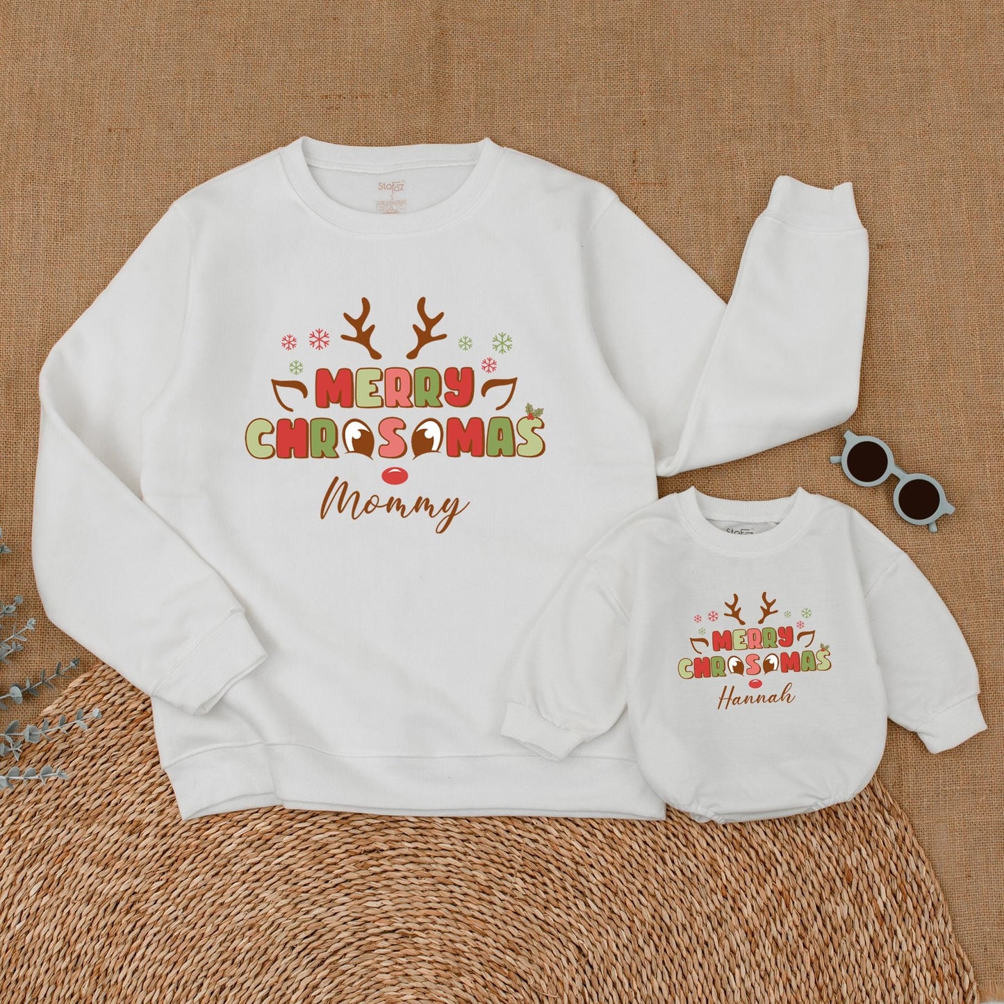 Personalized Merry Christmas Reindeer Family Matching Sweatshirts, Whimsical Mommy and Me Holiday Outfits with Playful Antlers and Snowflakes