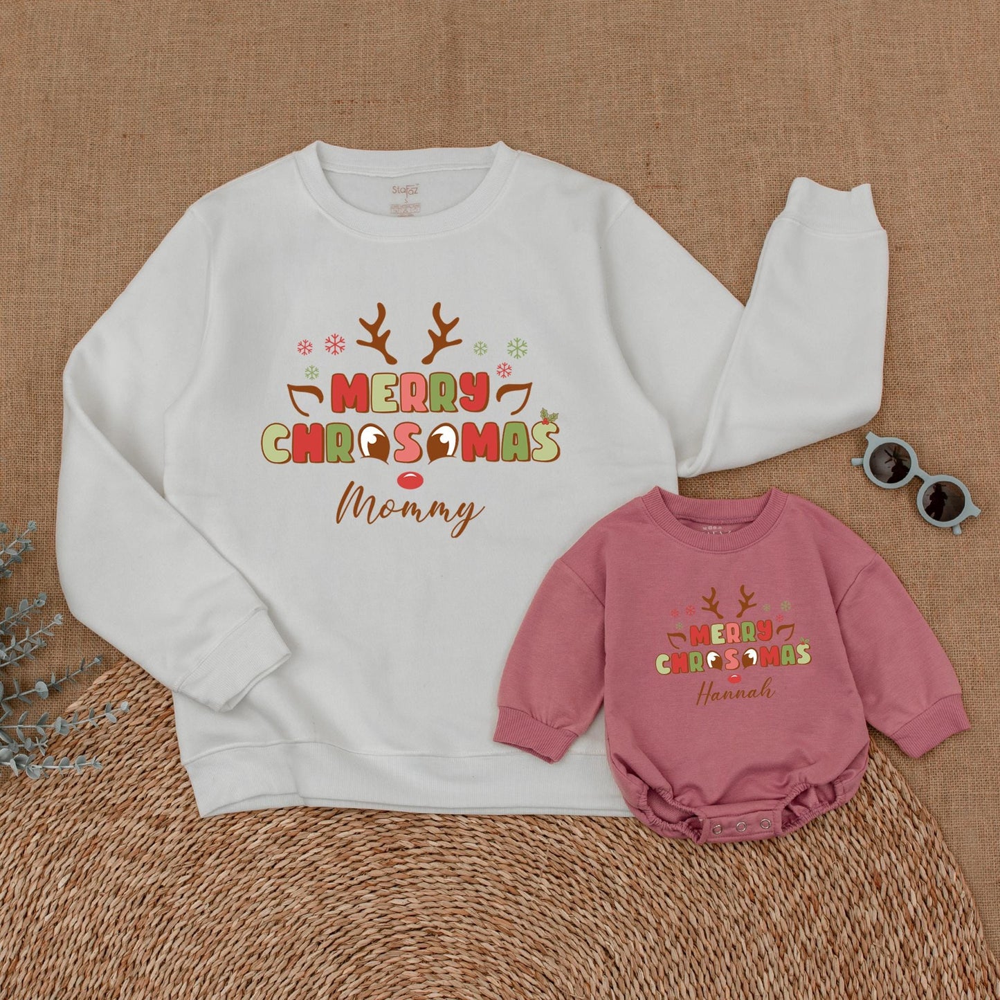 Personalized Merry Christmas Reindeer Family Matching Sweatshirts, Whimsical Mommy and Me Holiday Outfits with Playful Antlers and Snowflakes