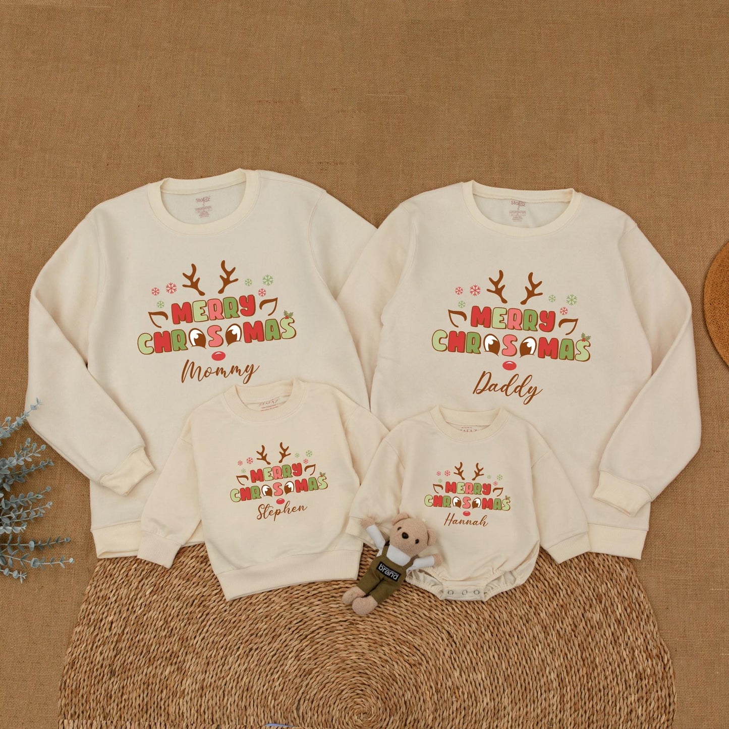 Personalized Merry Christmas Reindeer Family Matching Sweatshirts, Whimsical Mommy and Me Holiday Outfits with Playful Antlers and Snowflakes