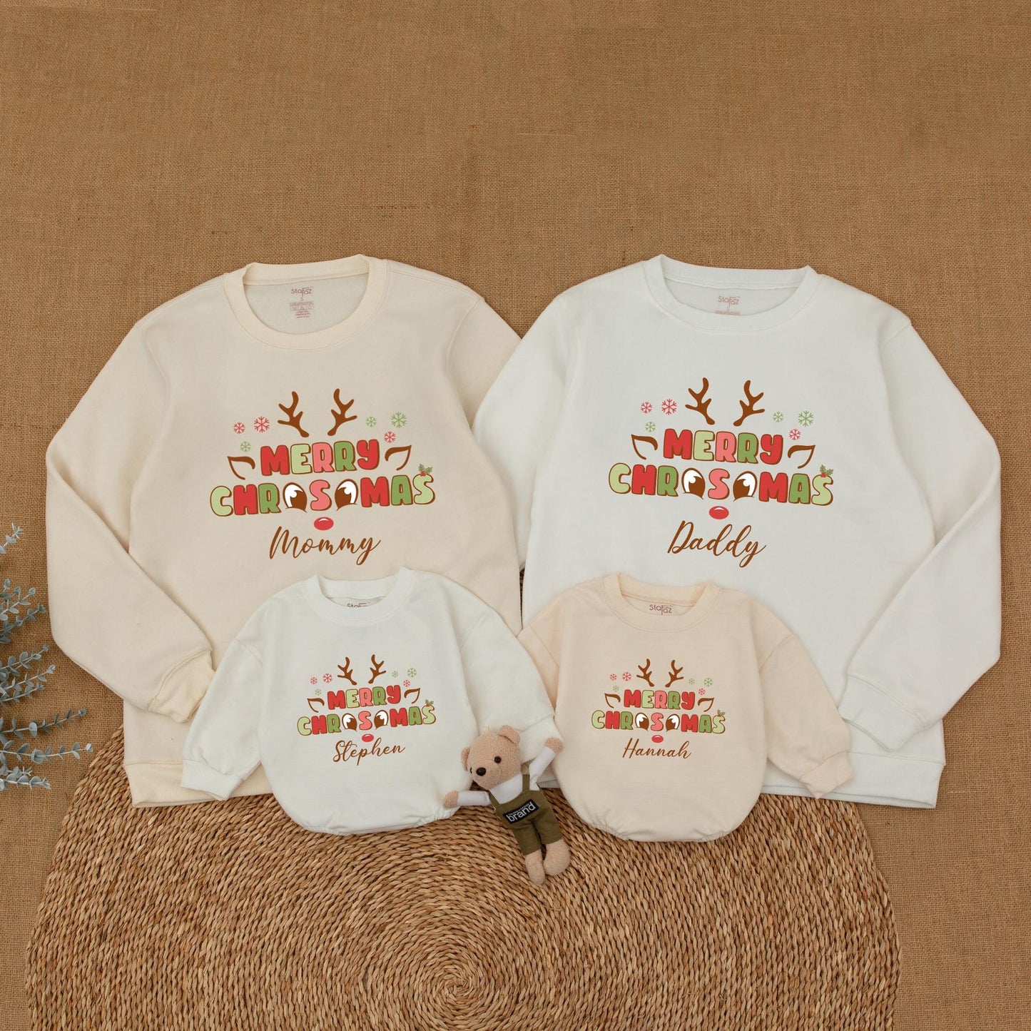 Personalized Merry Christmas Reindeer Family Matching Sweatshirts, Whimsical Mommy and Me Holiday Outfits with Playful Antlers and Snowflakes