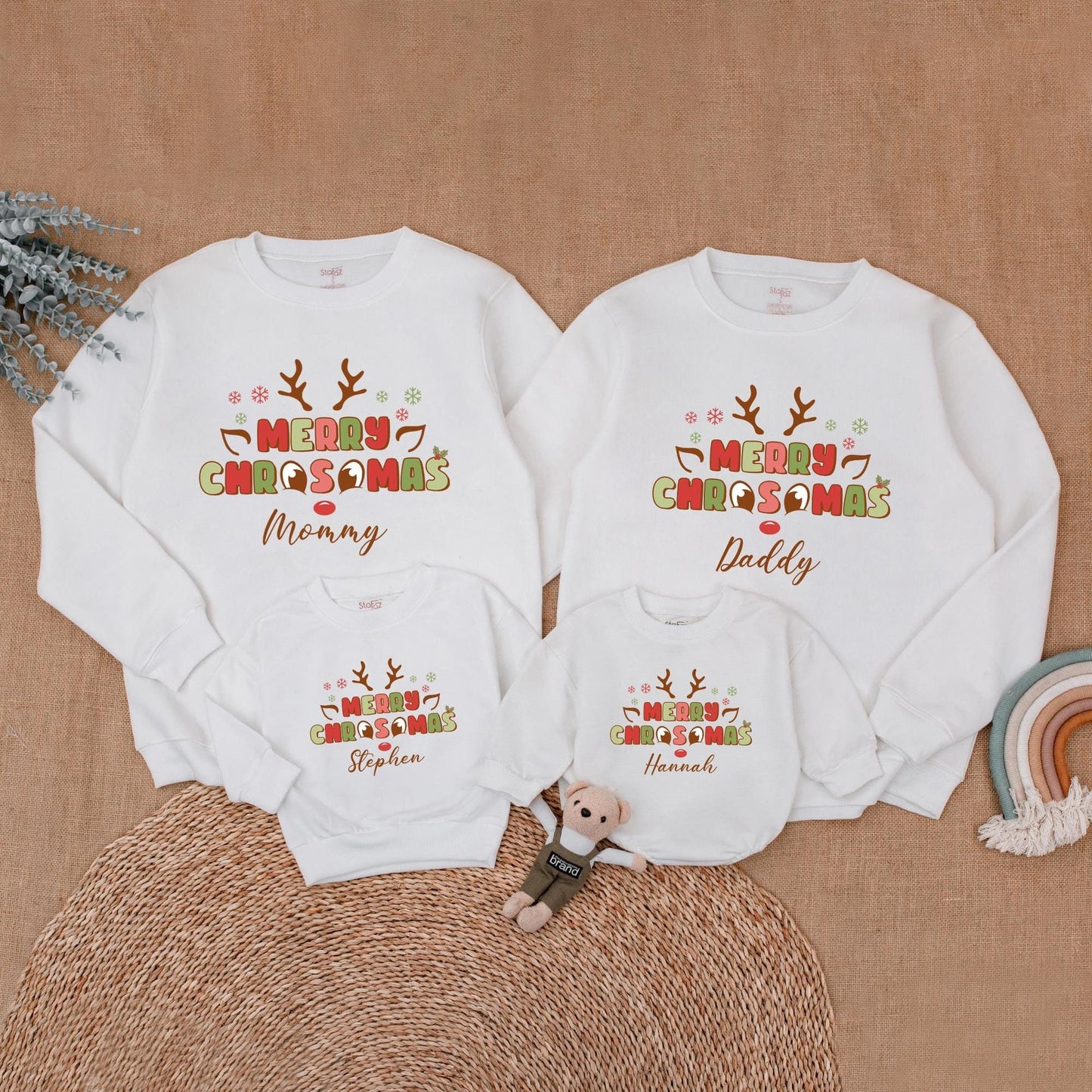 Personalized Merry Christmas Reindeer Family Matching Sweatshirts, Whimsical Mommy and Me Holiday Outfits with Playful Antlers and Snowflakes
