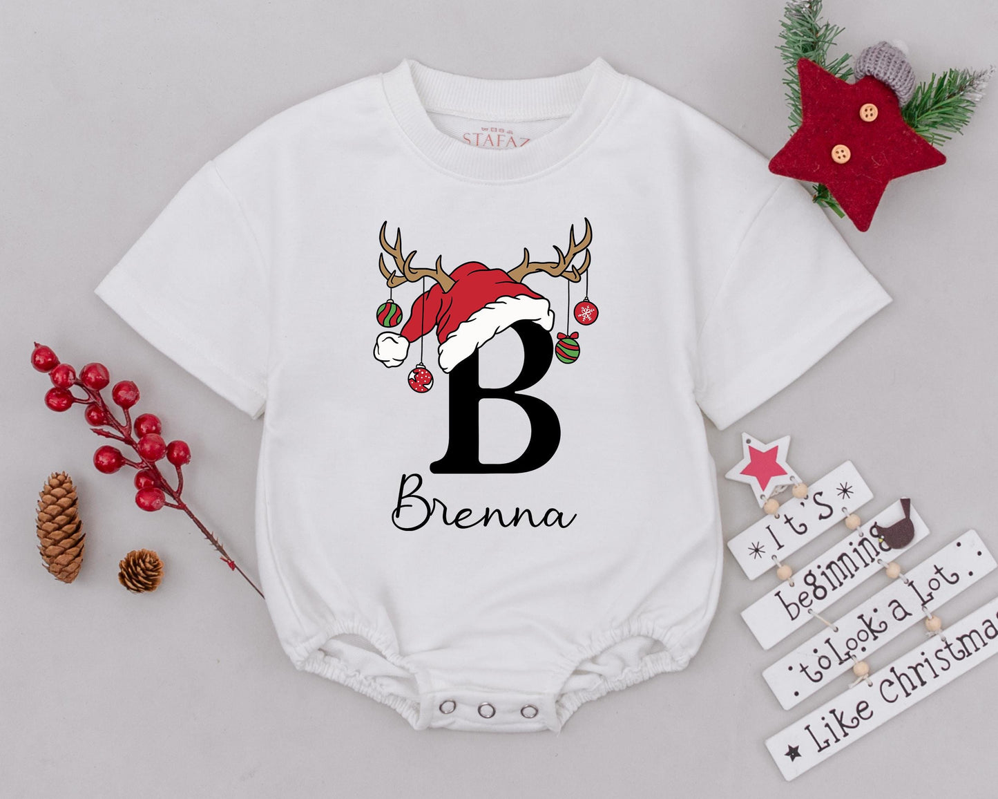 Personalized Baby's First Christmas Romper with Name Santa Hat Reindeer Antlers Ornament Design Holiday Infant Bodysuit Toddler Outfit