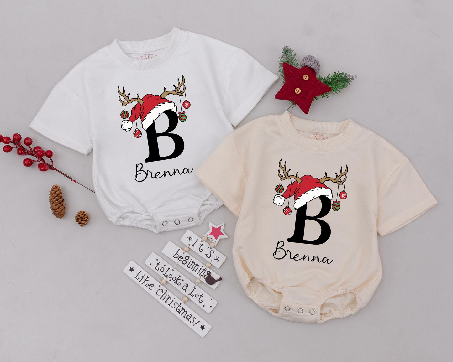 Personalized Baby's First Christmas Romper with Name Santa Hat Reindeer Antlers Ornament Design Holiday Infant Bodysuit Toddler Outfit