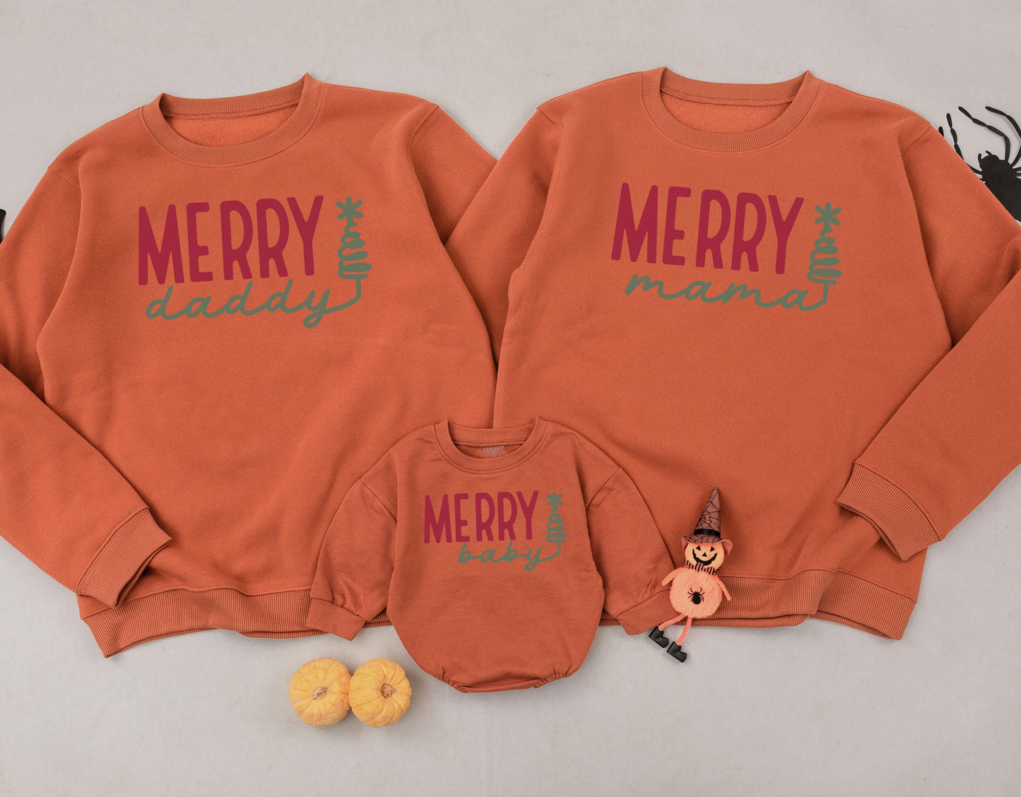 Matching Family Christmas Sweatshirts Merry Mama Daddy Mini Baby Two-Tone Red Green Block Letter Tree Holiday Outfit Fun Festive