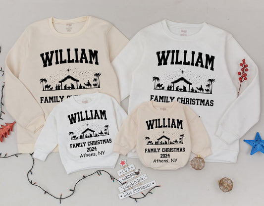 Personalized Matching Family Christmas Sweatshirts Vintage Nativity Scene Athens NY 2024 Custom Name Toddler Holiday Crewneck Tops