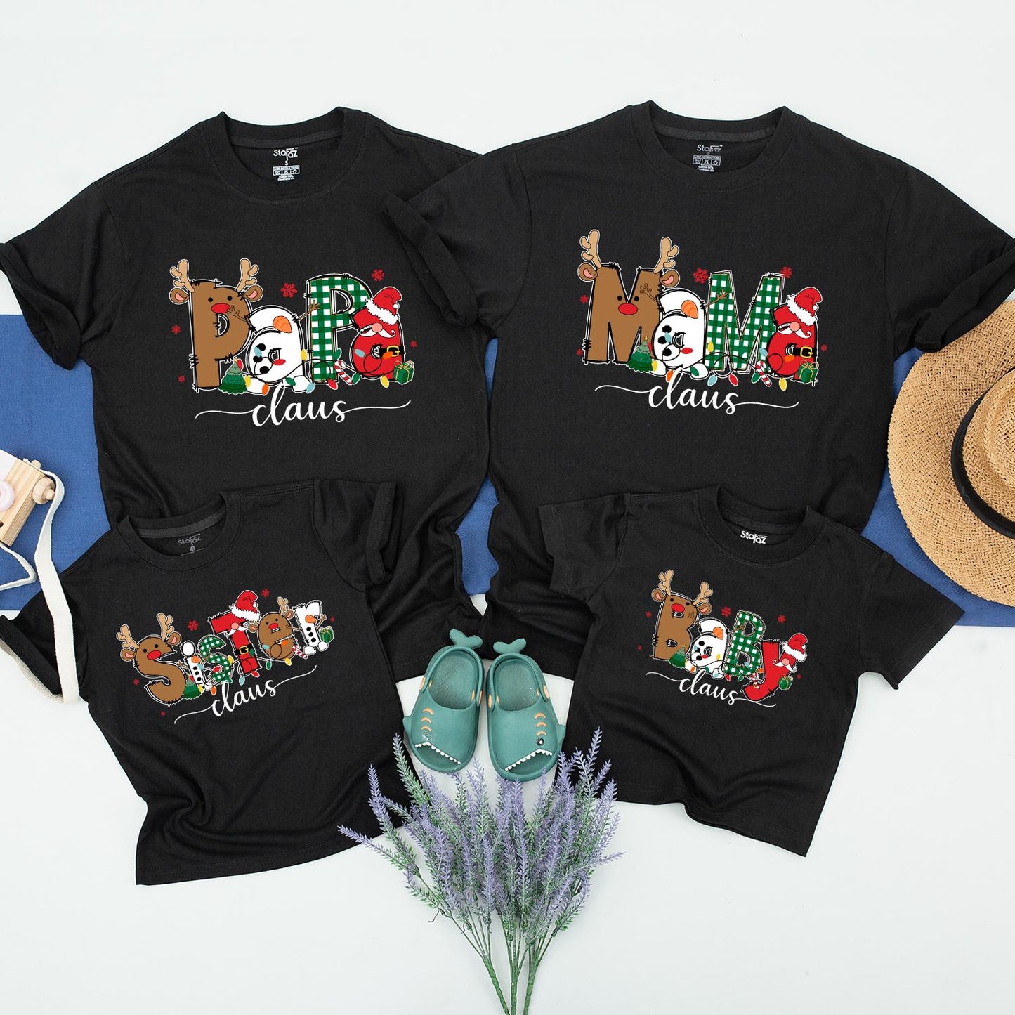 Matching Family Claus Christmas Shirts: Papa, Mama, Brother & Baby Cartoon Xmas Outfits, Santa Hats & Reindeer, Funny Holiday Gift for Kids, Custom Xmas (139 chars)