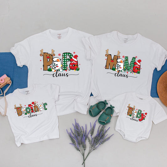 Matching Family Claus Christmas Shirts: Papa, Mama, Brother & Baby Cartoon Xmas Outfits, Santa Hats & Reindeer, Funny Holiday Gift for Kids, Custom Xmas (139 chars)