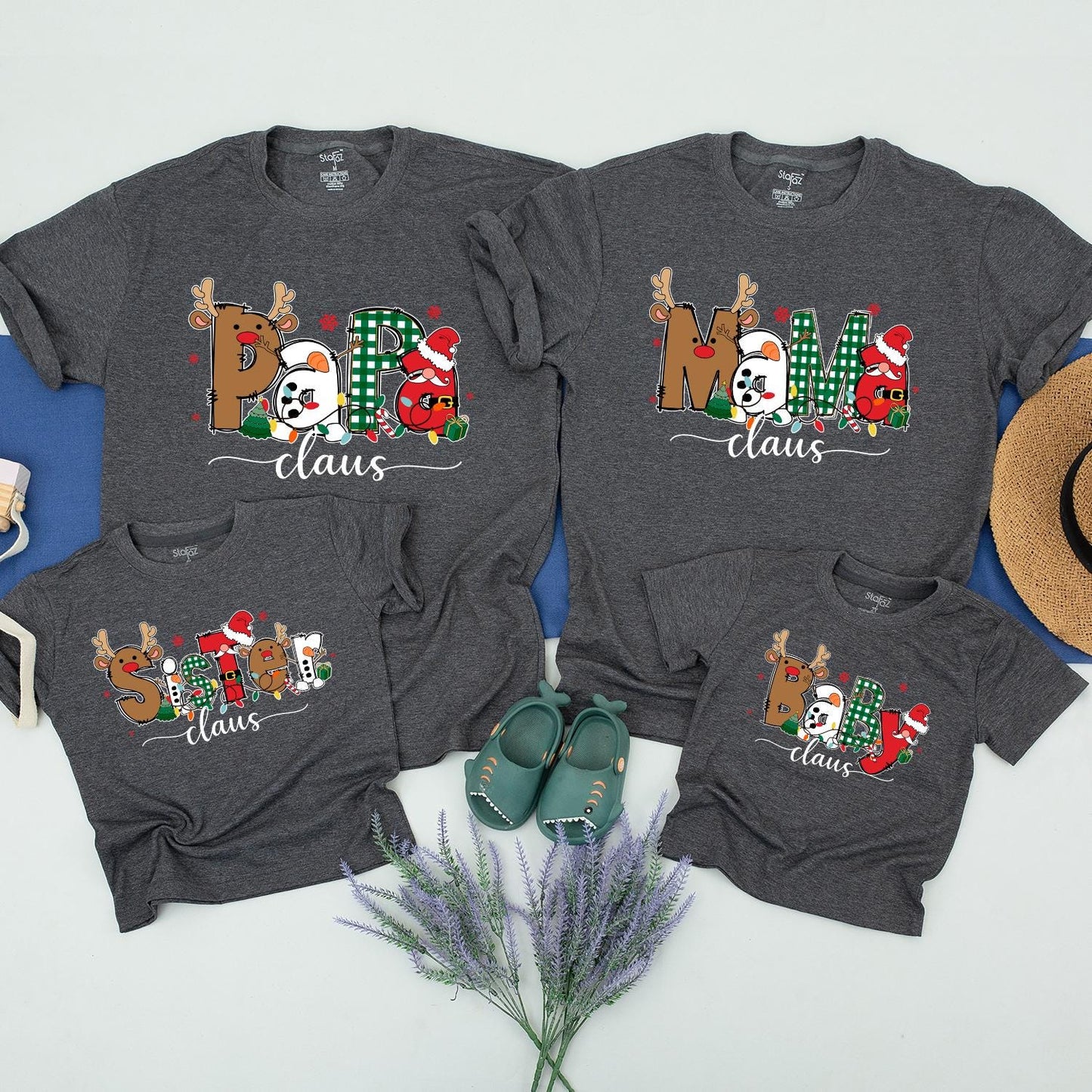 Matching Family Claus Christmas Shirts: Papa, Mama, Brother & Baby Cartoon Xmas Outfits, Santa Hats & Reindeer, Funny Holiday Gift for Kids, Custom Xmas (139 chars)
