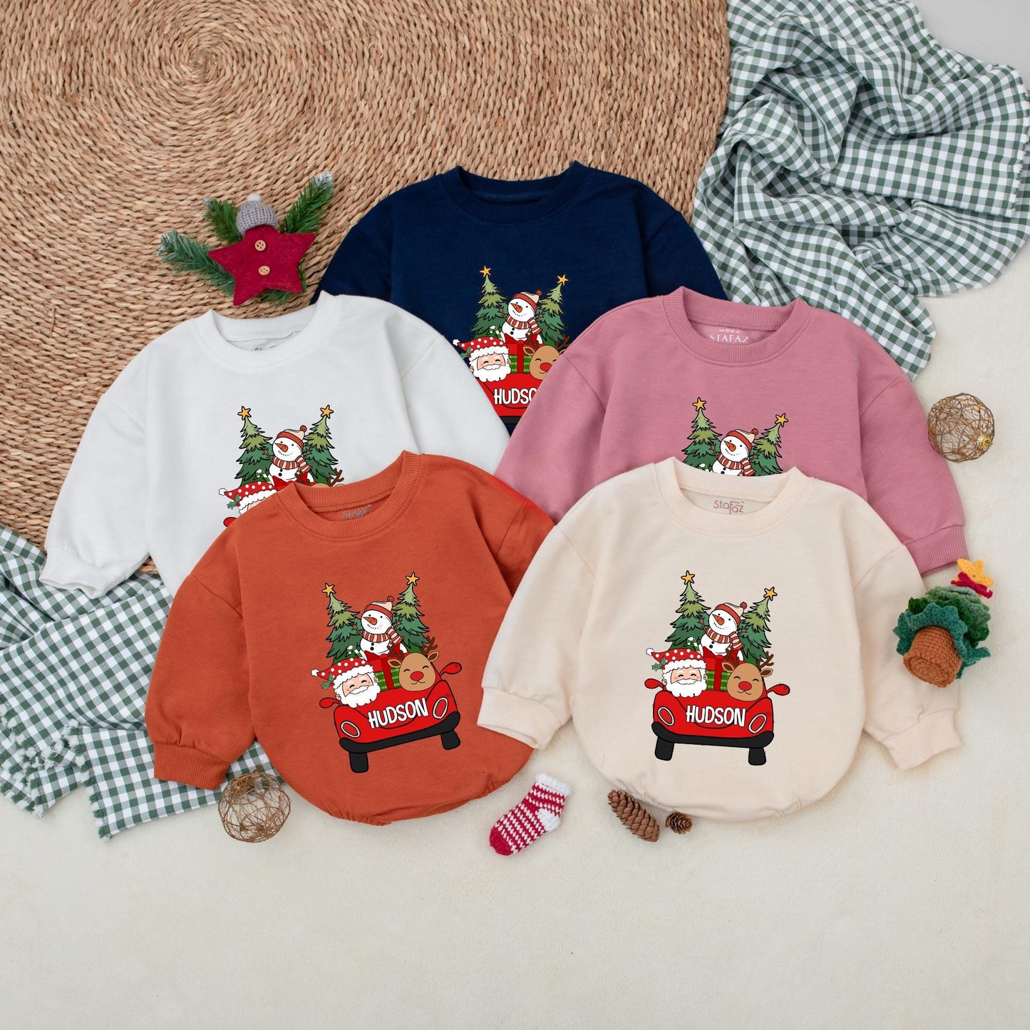 Personalized Hudson Christmas Romper: Santa's Red Car Adventure! Custom Name Bodysuit, First Christmas Outfit, Winter Baby Clothes, Reindeer & Snowman Fun (139 chars)
