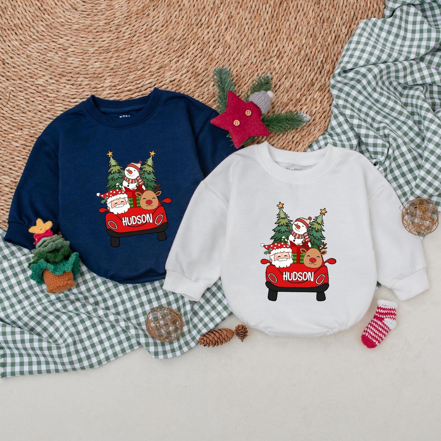 Personalized Hudson Christmas Romper: Santa's Red Car Adventure! Custom Name Bodysuit, First Christmas Outfit, Winter Baby Clothes, Reindeer & Snowman Fun (139 chars)