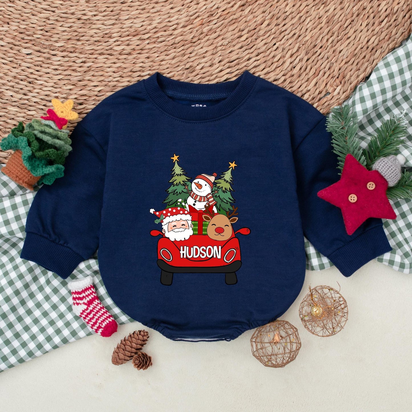 Personalized Hudson Christmas Romper: Santa's Red Car Adventure! Custom Name Bodysuit, First Christmas Outfit, Winter Baby Clothes, Reindeer & Snowman Fun (139 chars)