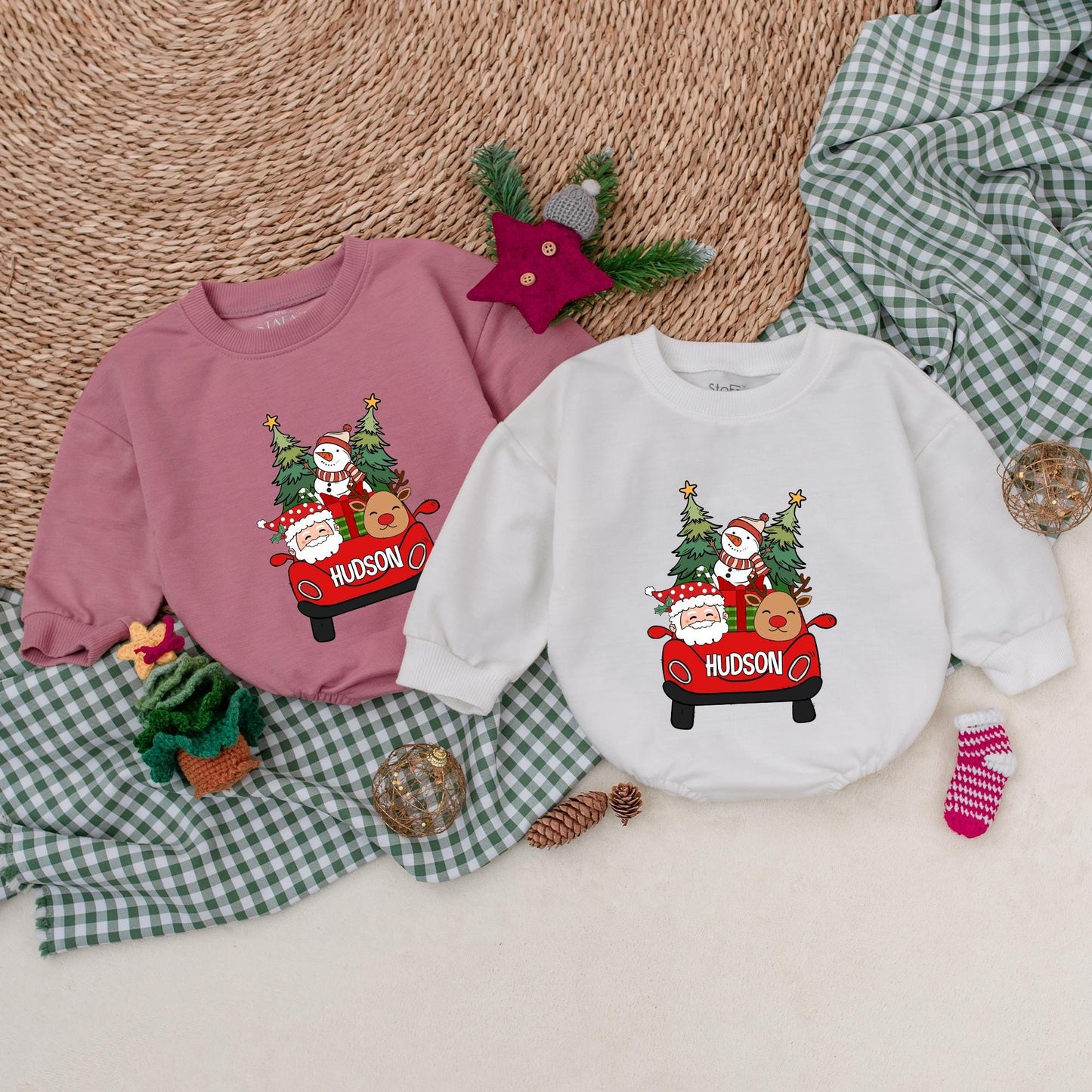 Personalized Hudson Christmas Romper: Santa's Red Car Adventure! Custom Name Bodysuit, First Christmas Outfit, Winter Baby Clothes, Reindeer & Snowman Fun (139 chars)
