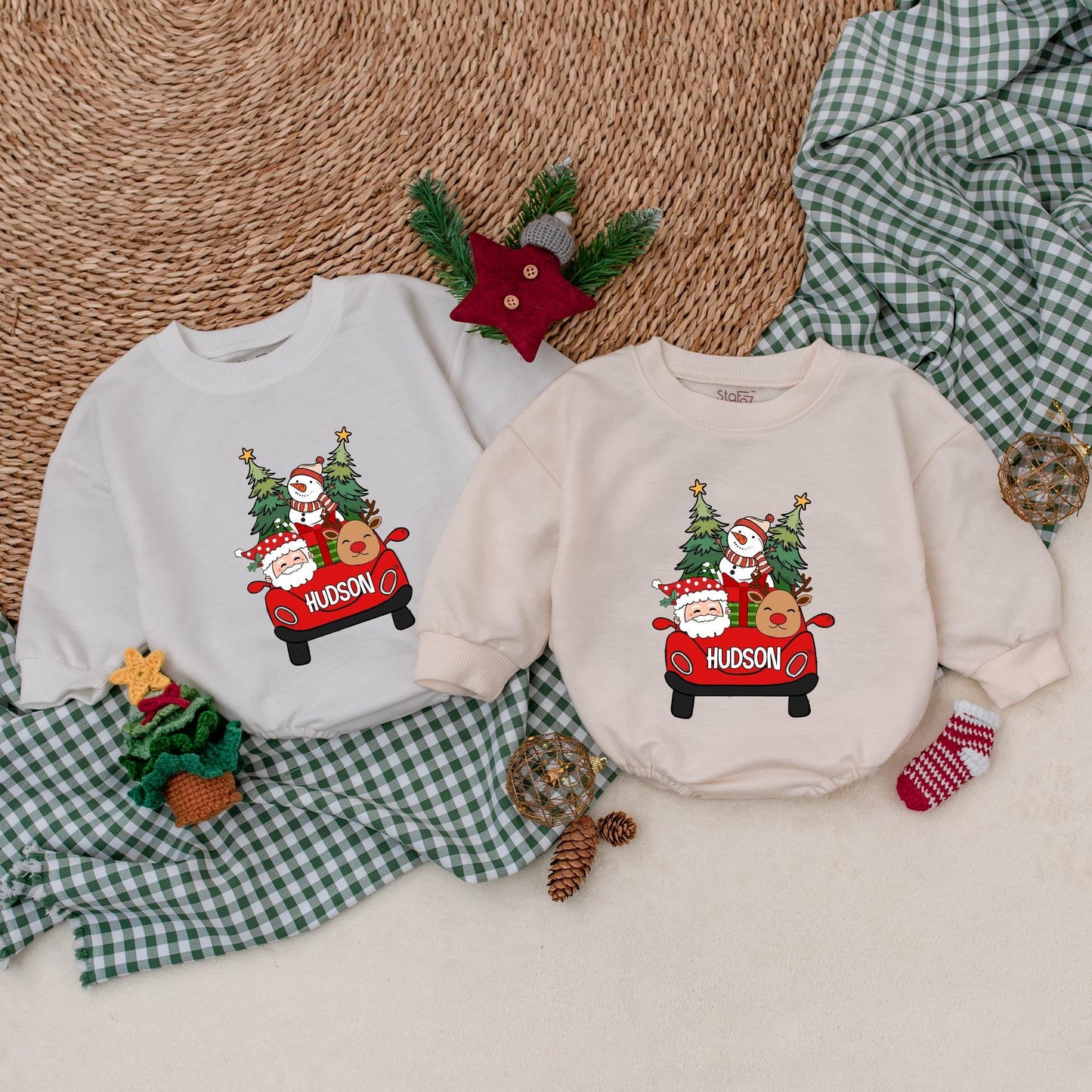 Personalized Hudson Christmas Romper: Santa's Red Car Adventure! Custom Name Bodysuit, First Christmas Outfit, Winter Baby Clothes, Reindeer & Snowman Fun (139 chars)