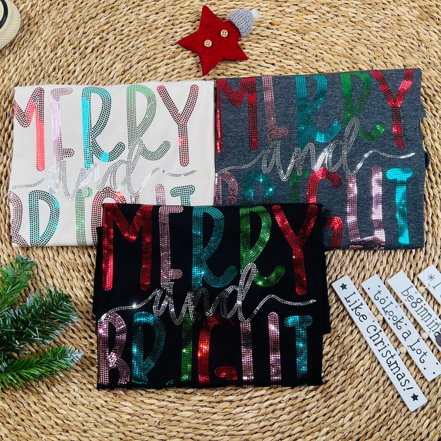 Merry and Bright Sparkling Christmas Shirt featuring Dotted Letters in Bright Red Green Teal Pink Colors Festive Holiday Season Tee Women's Bling Apparel