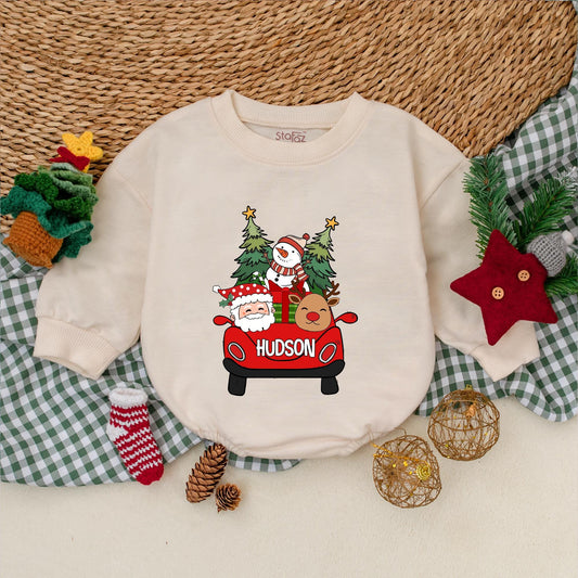 Personalized Hudson Christmas Romper: Santa's Red Car Adventure! Custom Name Bodysuit, First Christmas Outfit, Winter Baby Clothes, Reindeer & Snowman Fun (139 chars)