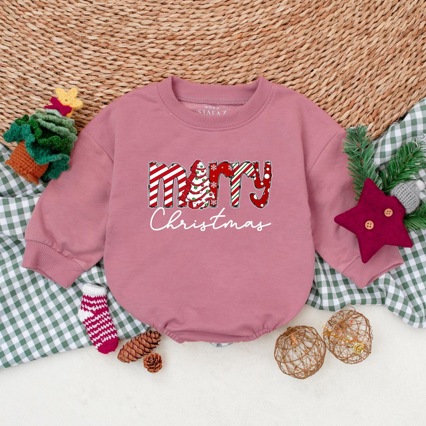 Merry Christmas Baby Romper Outfit, My First Christmas Bodysuit, Festive Newborn Gift, Red & White Holiday Pattern, Cute Xmas Sweatshirt Romper (138 chars)