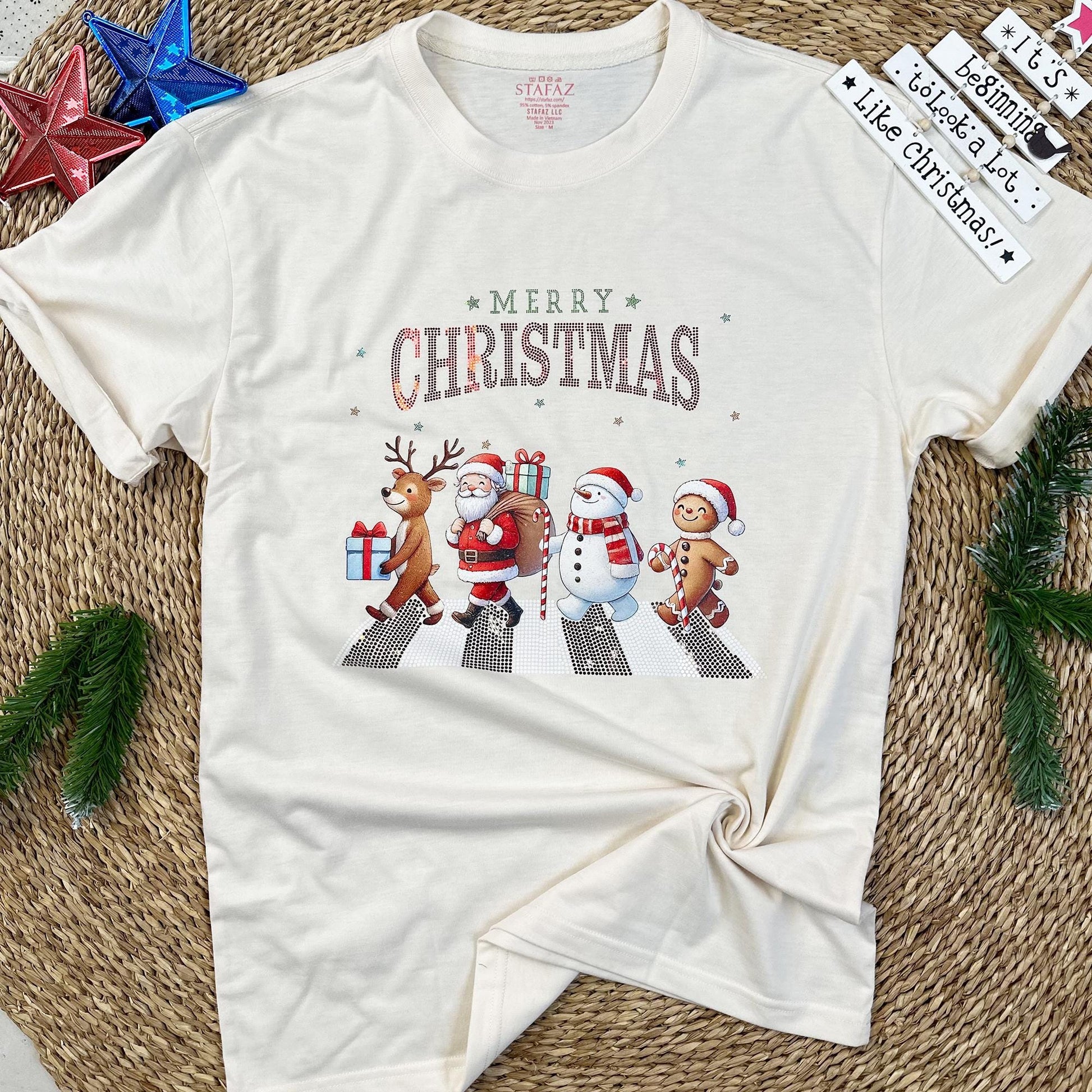 Glitter Sparkly Merry Christmas Shirt Funny Cartoon Characters Abbey Road Style Zebra Crossing Bling Tee Retro Holiday Gift