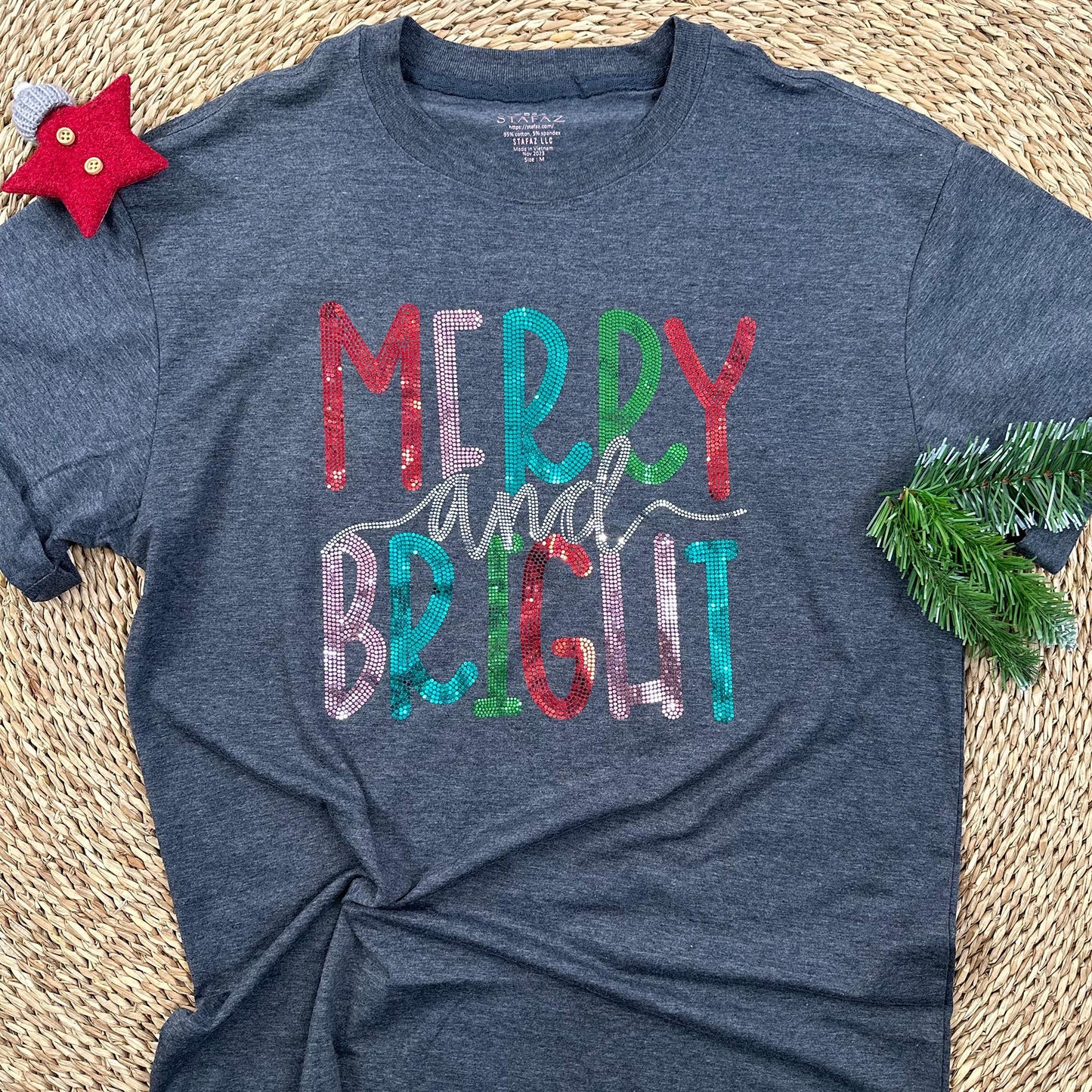 Merry & Bright Sequin Christmas Tee, Womens Holiday Sparkle Shirt, Teal Red Green, Festive Christmas T-Shirt, Cute Gift for Her (136 chars)