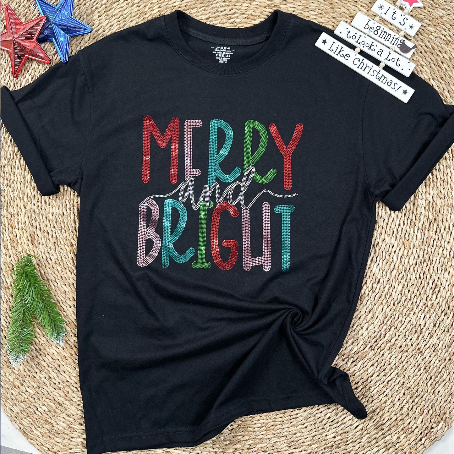 Merry & Bright Sequin Christmas Tee, Womens Holiday Sparkle Shirt, Teal Red Green, Festive Christmas T-Shirt, Cute Gift for Her (136 chars)