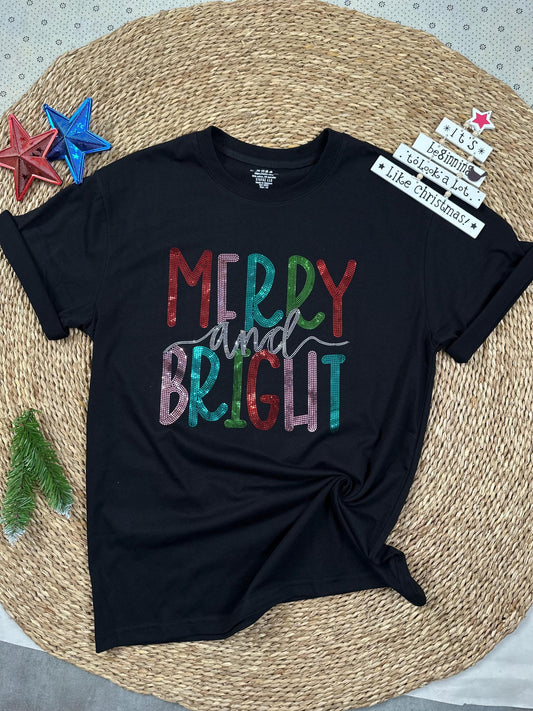 Merry and Bright Sparkling Christmas Shirt featuring Dotted Letters in Bright Red Green Teal Pink Colors Festive Holiday Season Tee Women's Bling Apparel